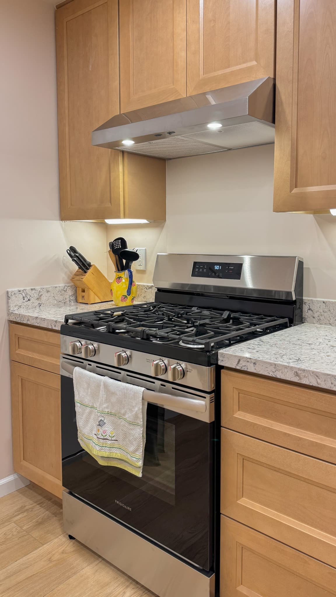 Kitchen Remodel in Sacramento — shaker cabinets, range hood, professional gas range, quartz countertop, under-cabinet lighting