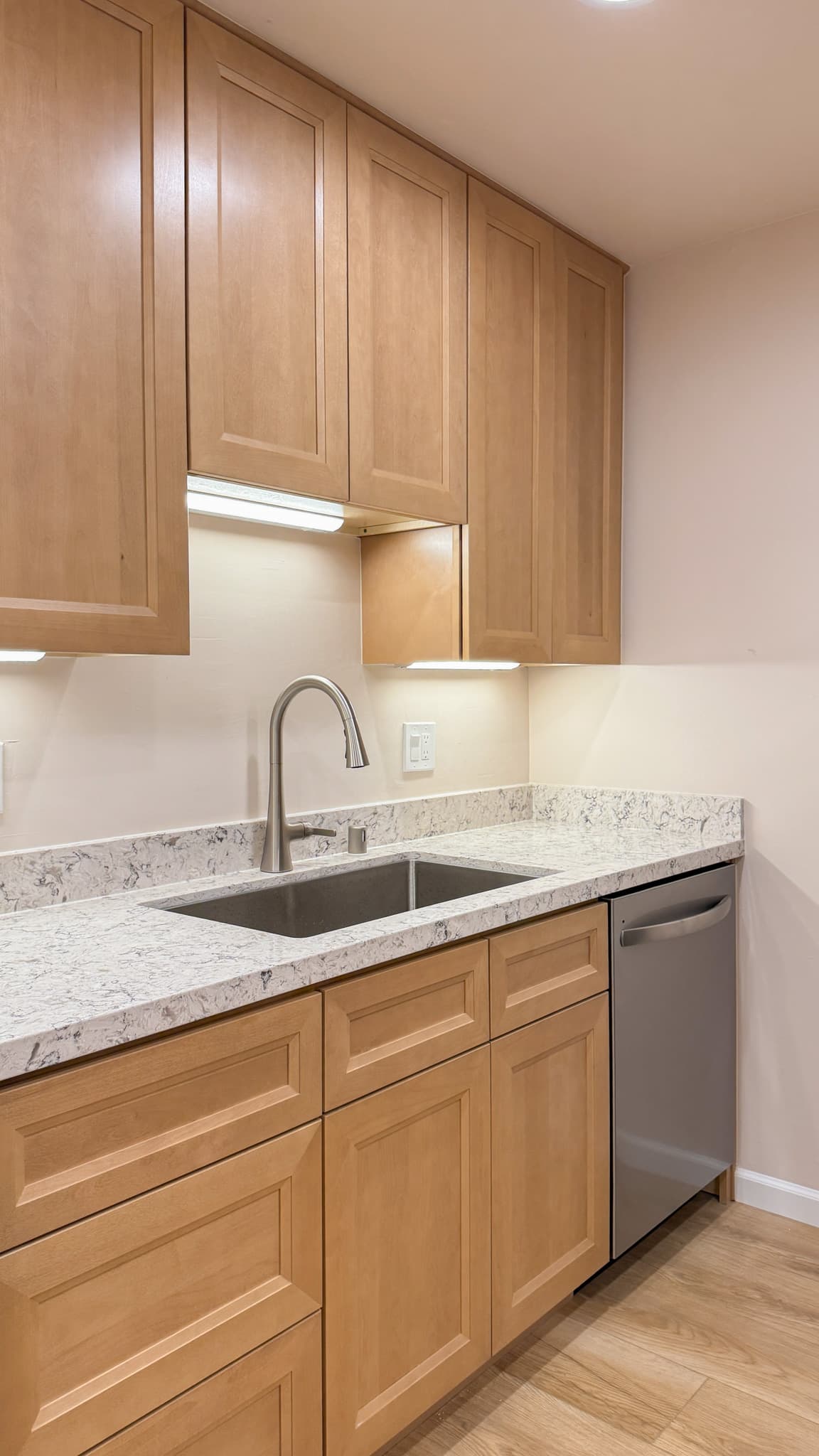 Kitchen Remodel in Sacramento — raised-panel cabinets, quartz countertop, undermount sink, under-cabinet lighting, luxury vinyl plank