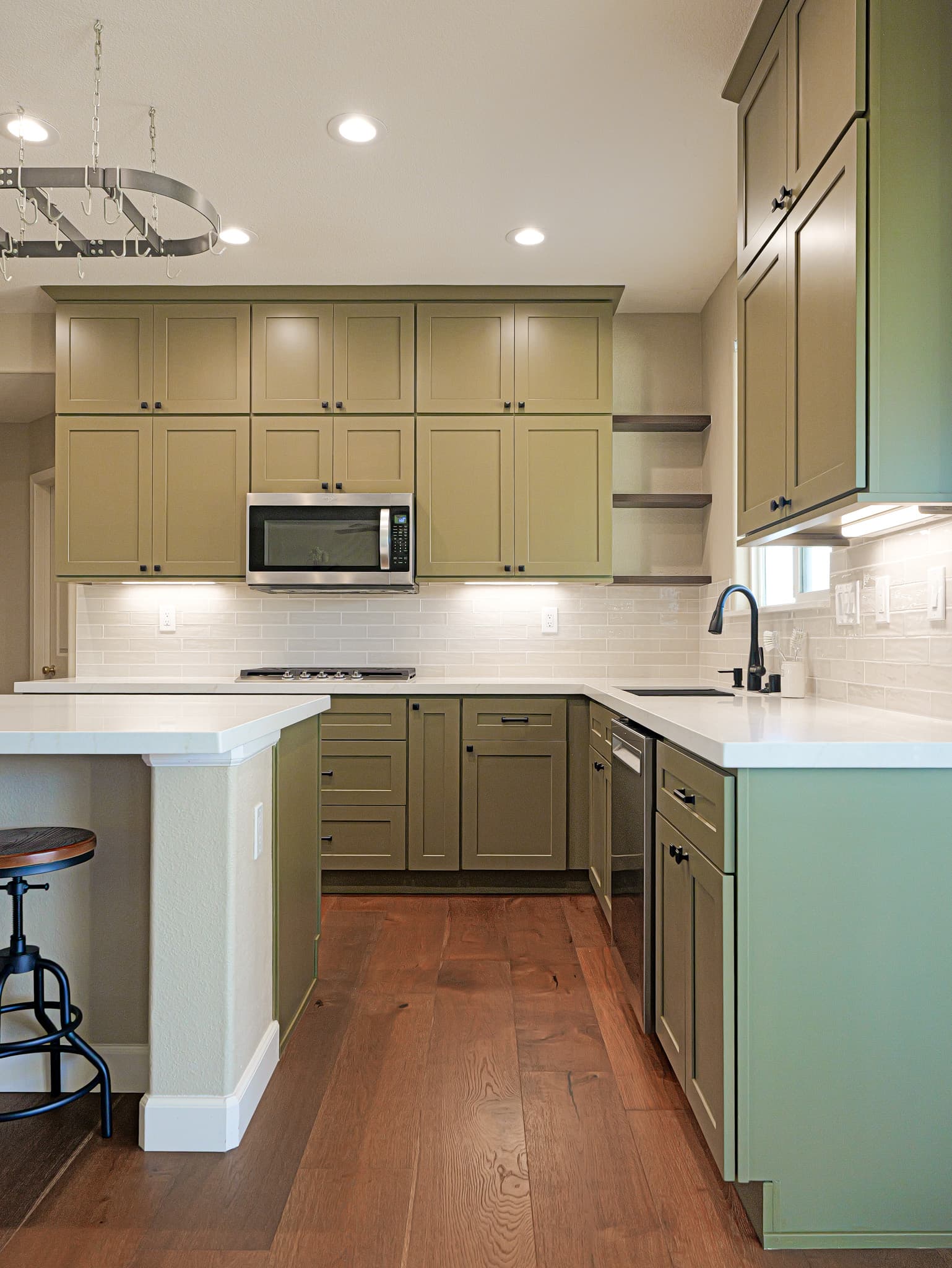 Bathroom Remodel in Sacramento — shaker cabinets, two-tone cabinetry, subway tile backsplash, quartz countertop, hardwood flooring