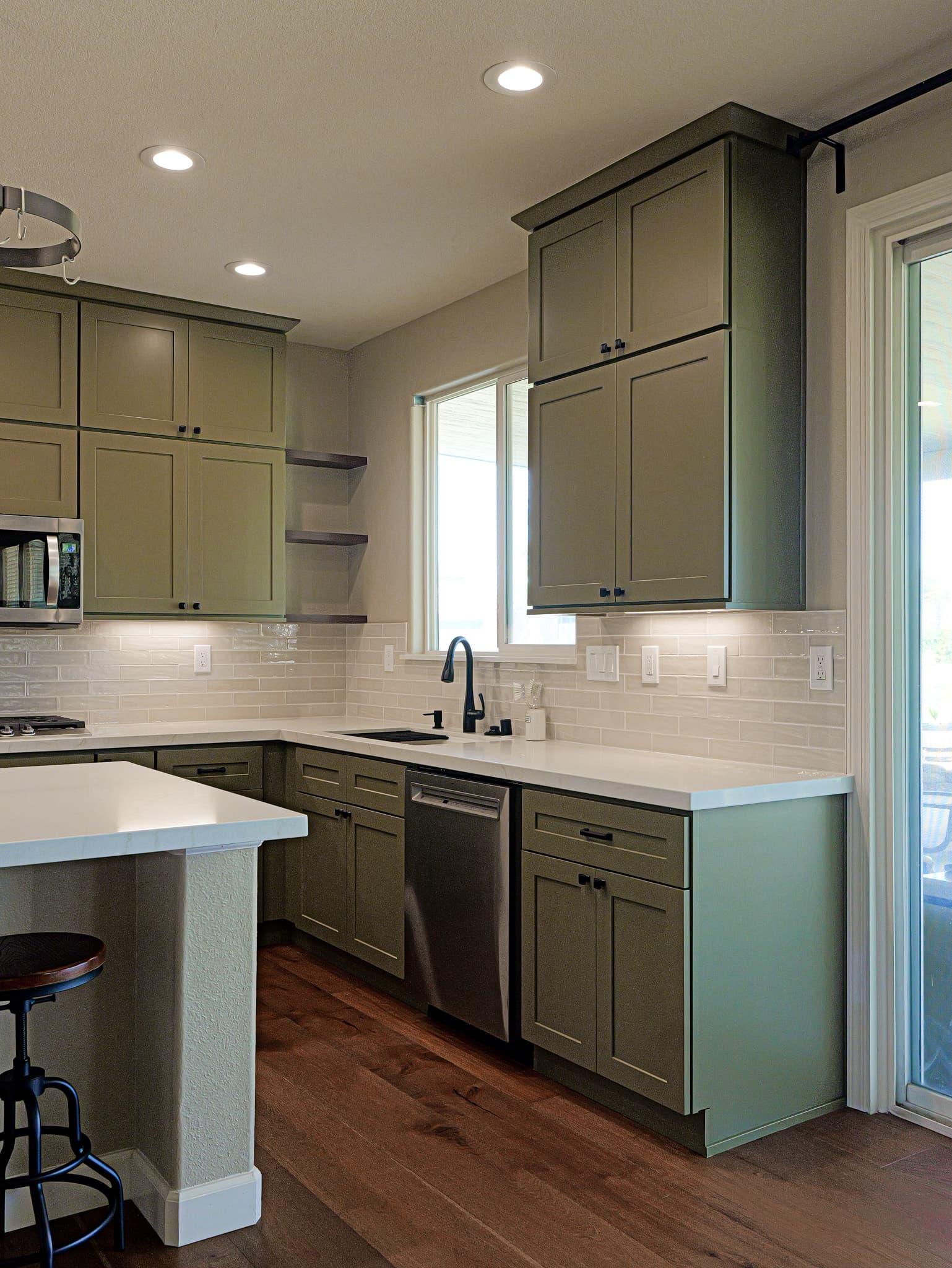 Bathroom Remodel in Sacramento — shaker cabinets, subway tile backsplash, quartz countertop, recessed lighting, hardwood flooring