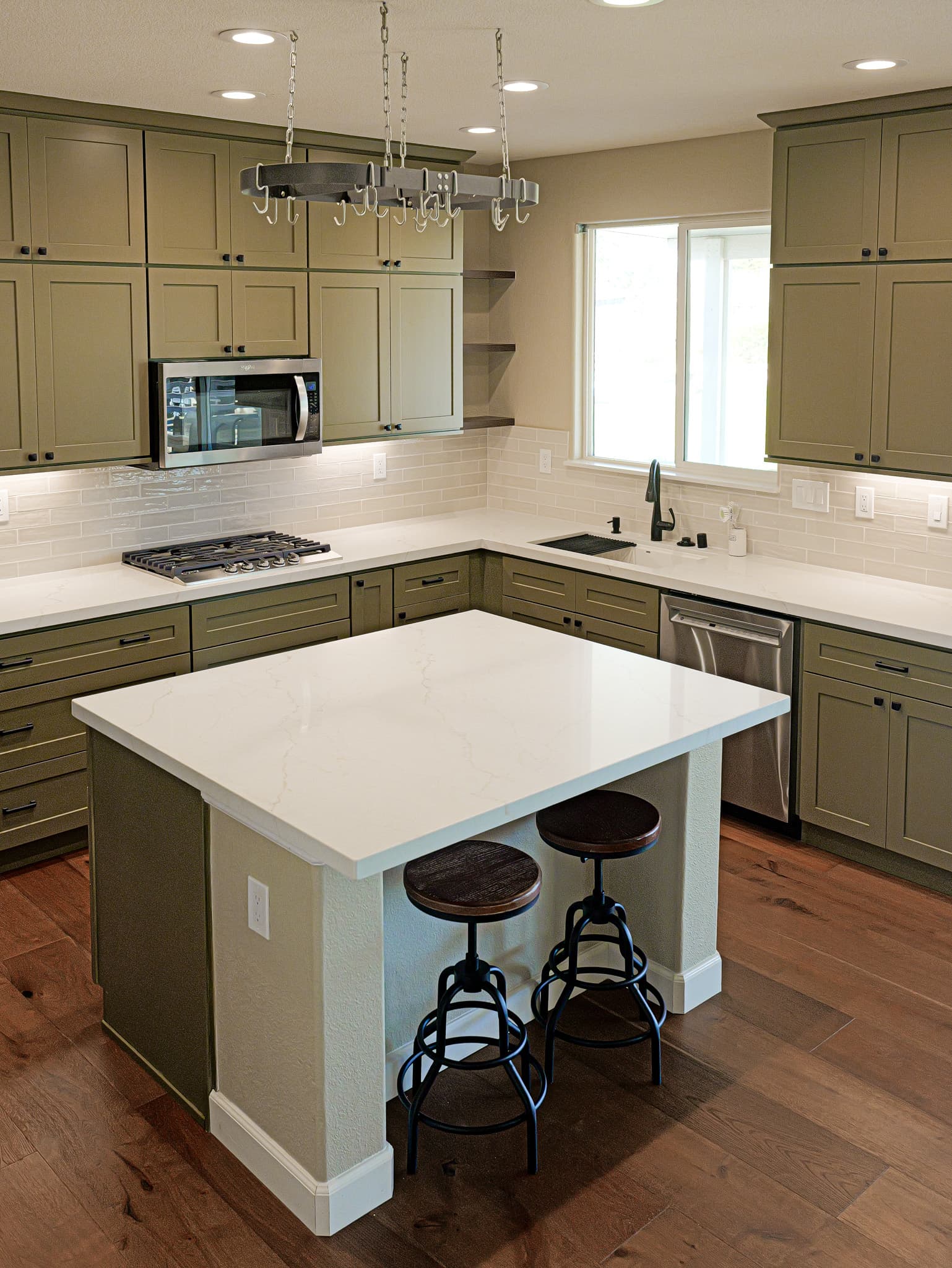 Bathroom Remodel in Sacramento — shaker cabinets, kitchen island, quartz countertop, subway tile backsplash, hardwood flooring