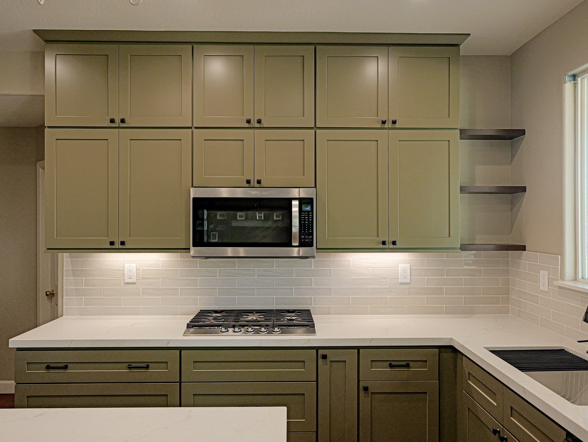 Bathroom Remodel in Sacramento — shaker cabinets, subway tile backsplash, quartz countertop, under-cabinet lighting, stainless appliances