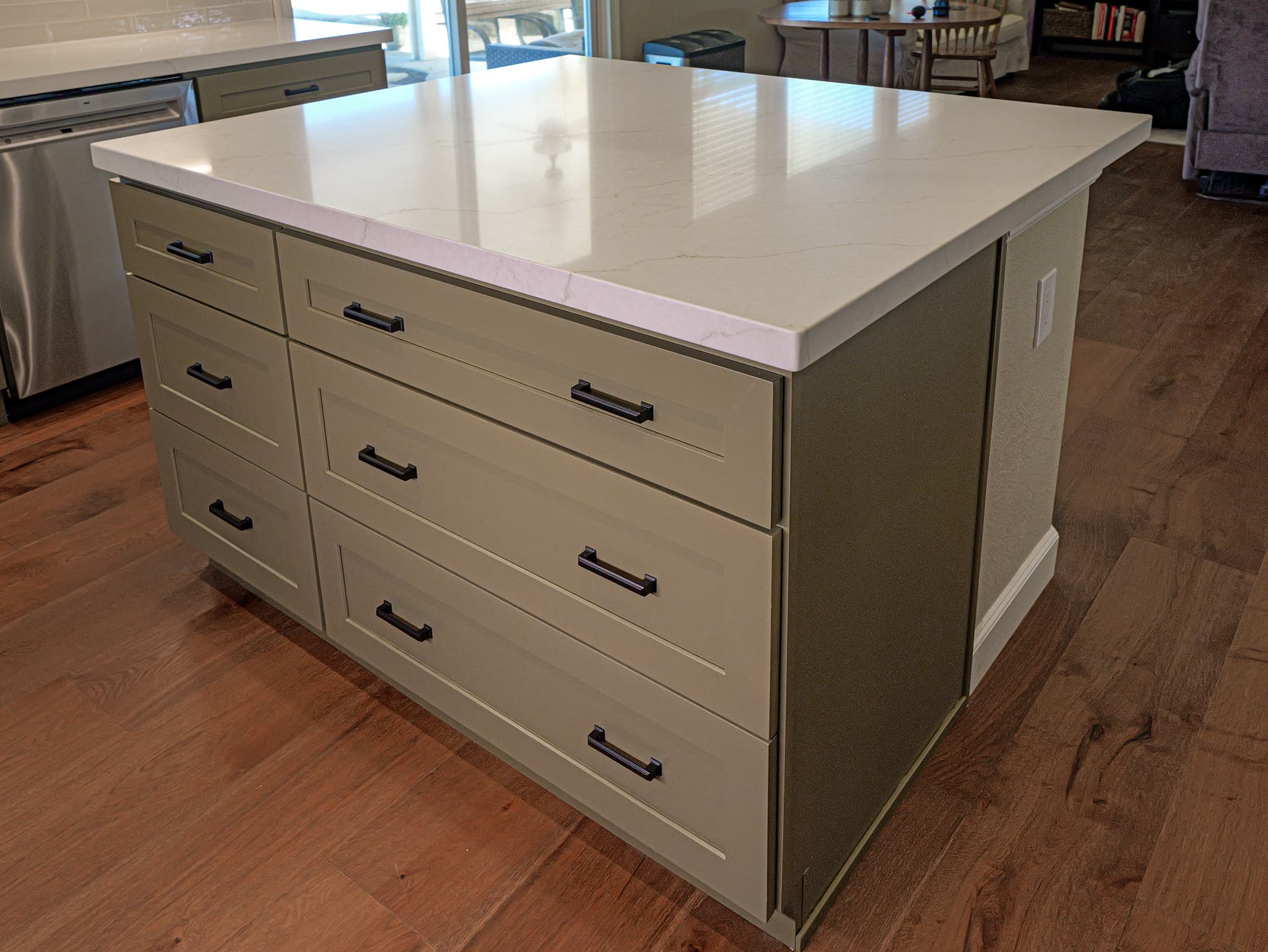 Bathroom Remodel in Sacramento — kitchen island, shaker cabinets, quartz countertop, hardwood flooring, stainless appliances