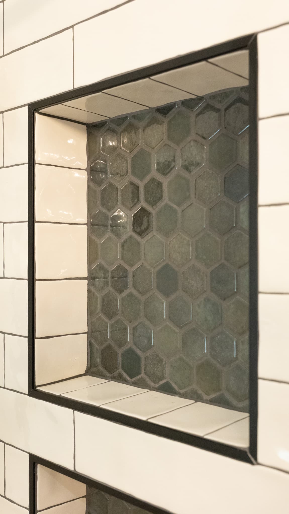 Bathroom Remodel in Sacramento — tiled shower surround, subway tile backsplash, mosaic backsplash, walk-in shower, built-in shelving