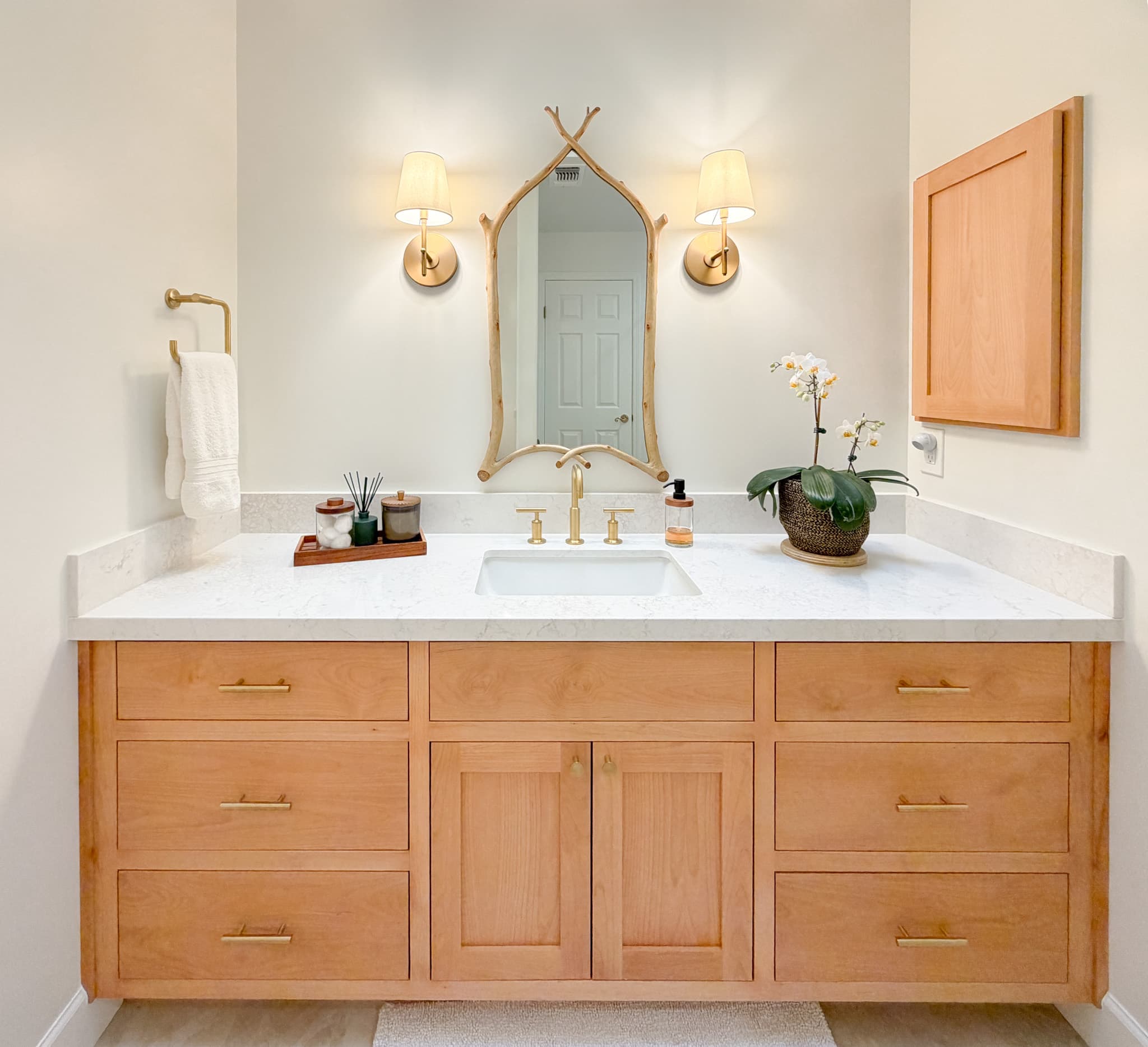 Bathroom Remodel in Carmichael — shaker cabinets, undermount sink, quartz countertop, single vanity, framed mirror