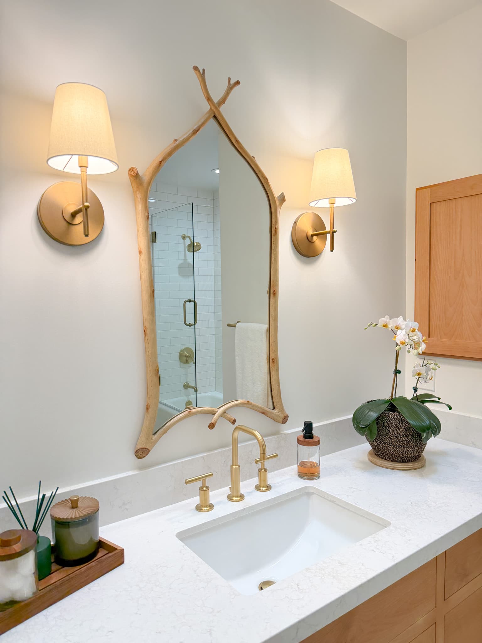 Bathroom Remodel in Carmichael — undermount sink, quartz countertop, frameless glass shower, subway tile backsplash, single vanity