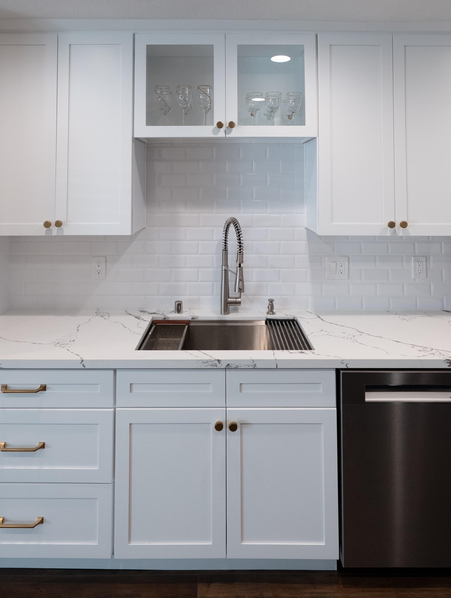 Kitchen Remodel in Roseville — shaker cabinets, two-tone cabinetry, quartz countertop, subway tile backsplash, undermount sink