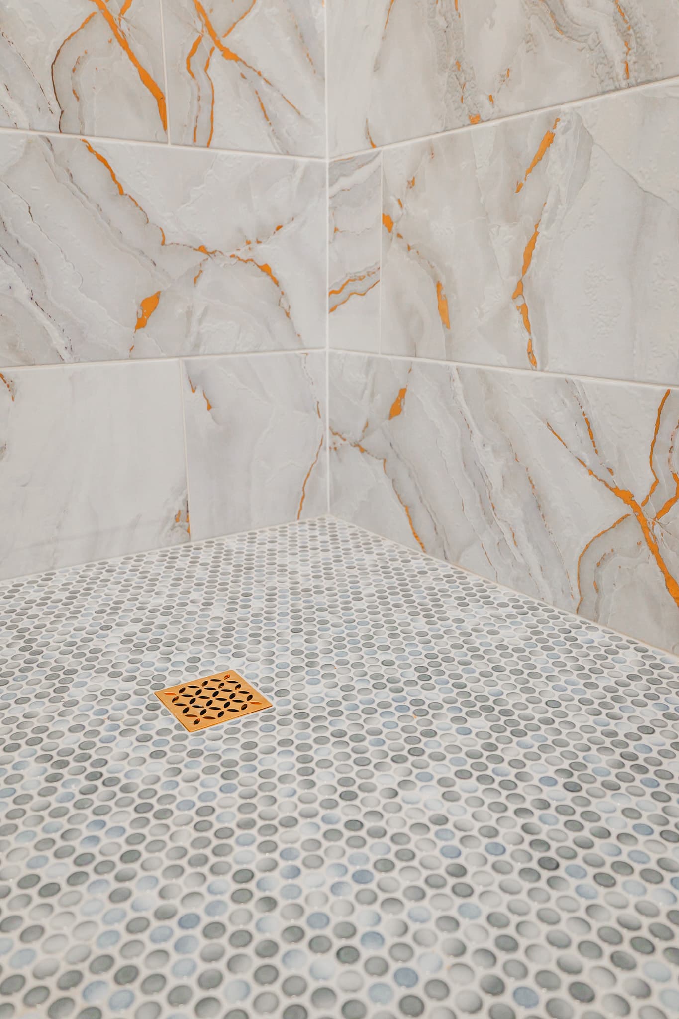 Kitchen Remodel in Sacramento — walk-in shower, tiled shower surround, mosaic backsplash, marble tile flooring, natural-stone tile flooring