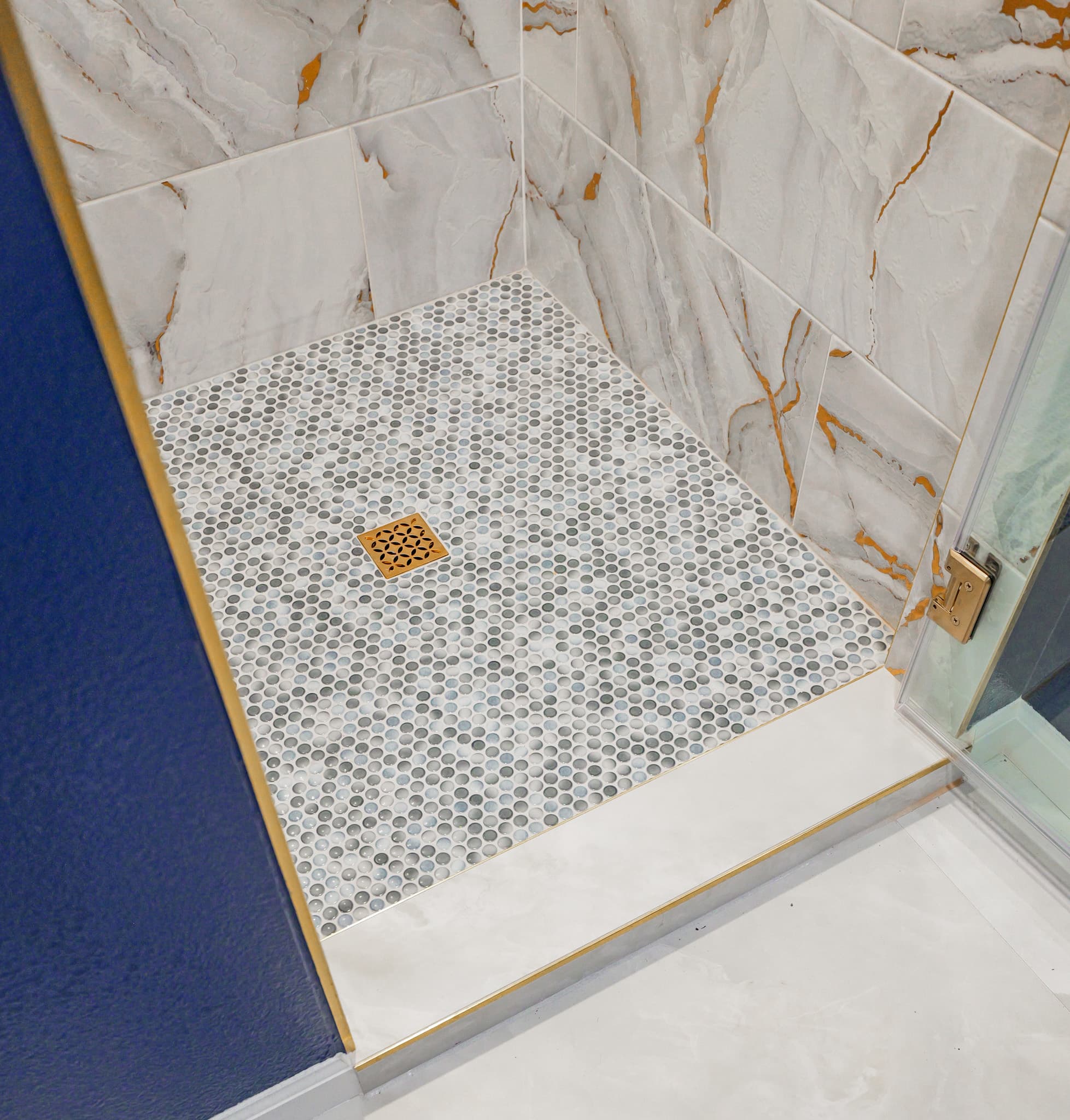 Kitchen Remodel in Sacramento — walk-in shower, tiled shower surround, mosaic backsplash, frameless glass shower, marble tile flooring