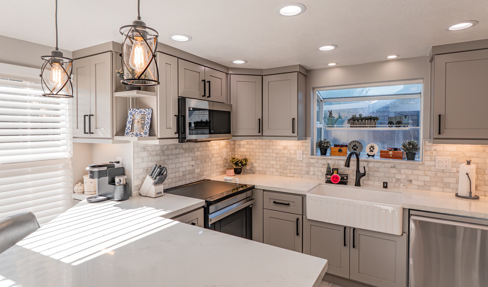 Kitchen Remodel in Citrus Heights — shaker cabinets, farmhouse sink, quartz countertop, pendant lighting, recessed lighting