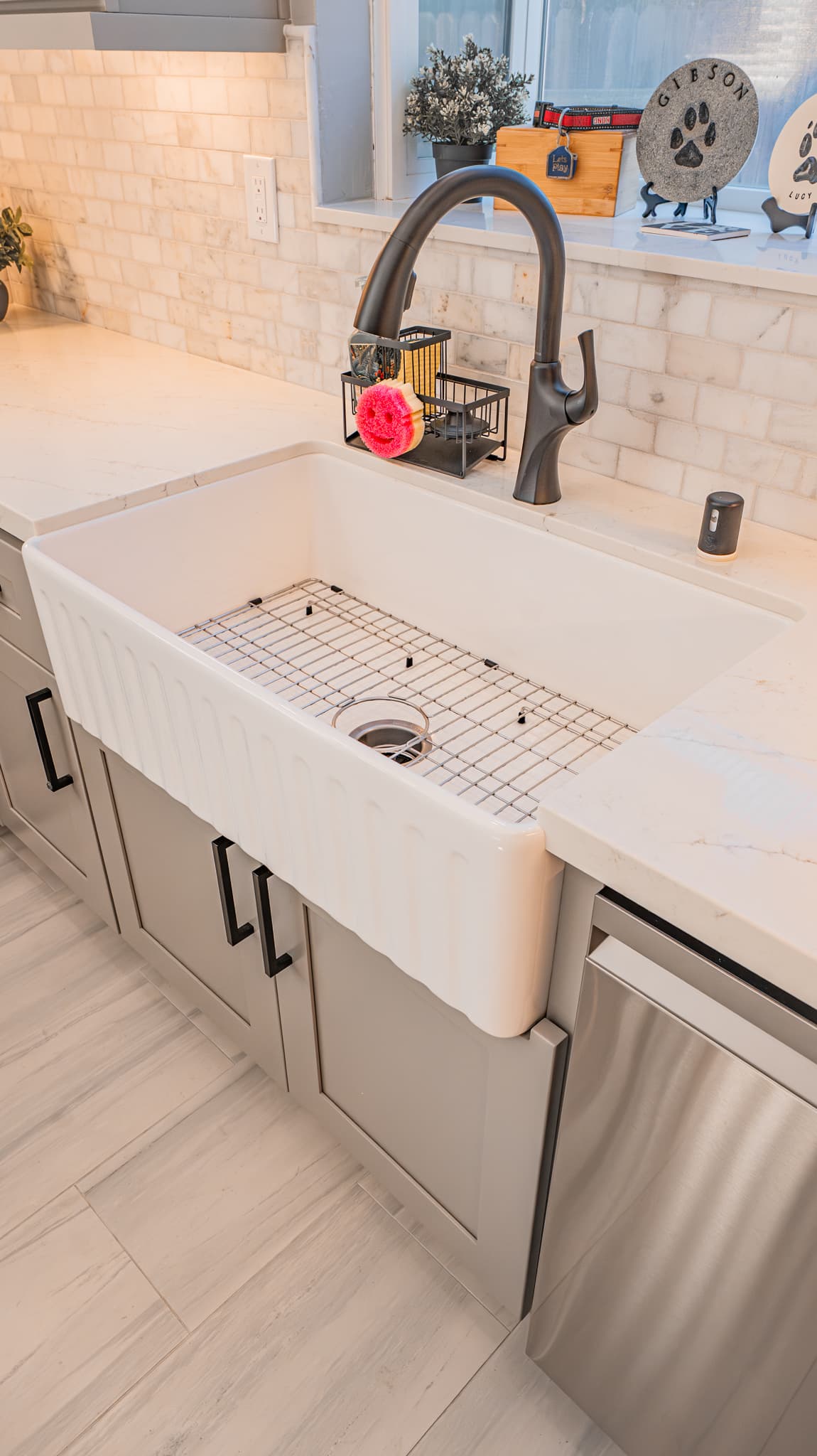 Kitchen Remodel in Citrus Heights — farmhouse sink, quartz countertop, subway tile backsplash, shaker cabinets, porcelain tile flooring