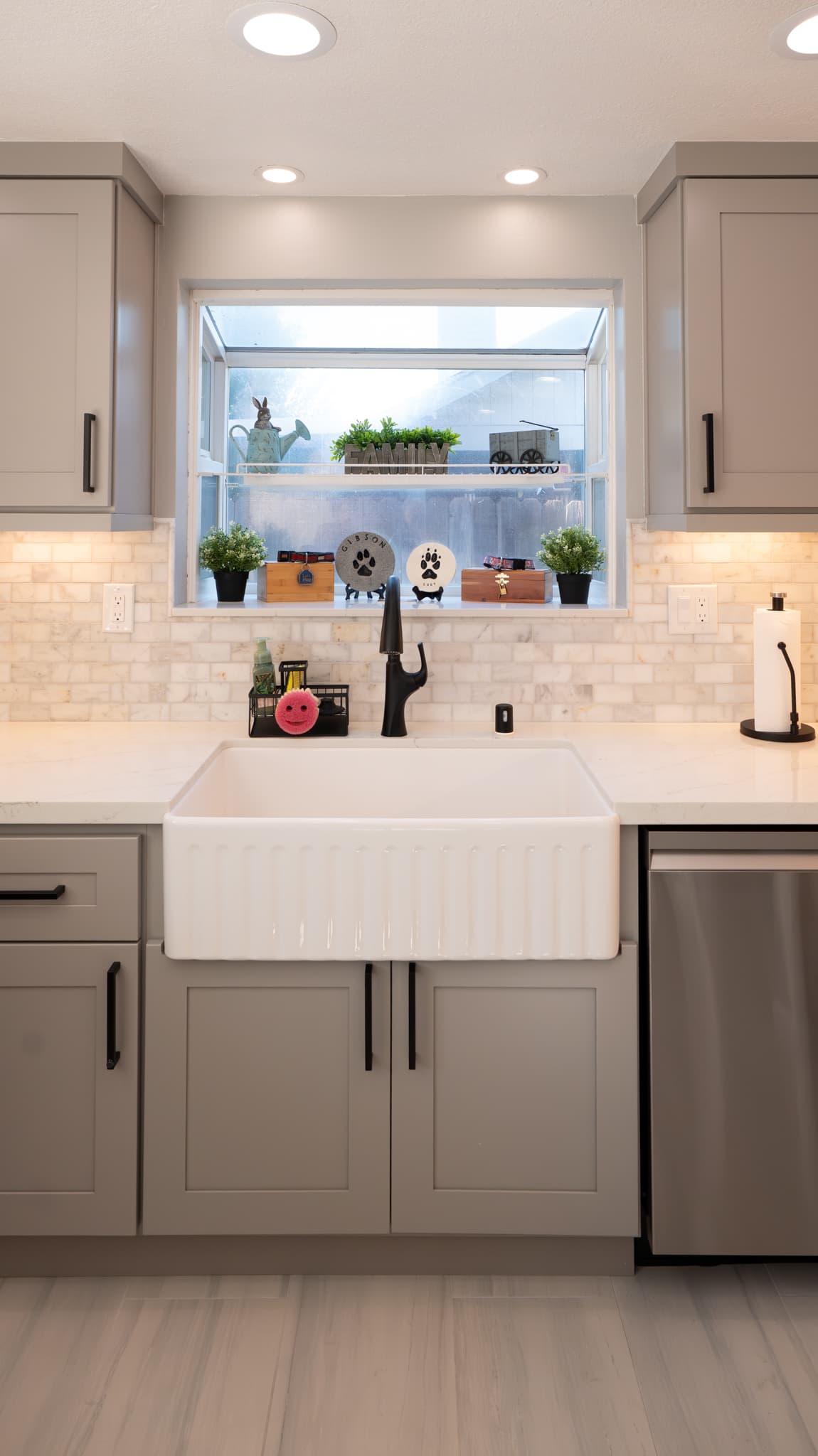 Kitchen Remodel in Citrus Heights — farmhouse sink, shaker cabinets, natural-stone backsplash, recessed lighting, under-cabinet lighting