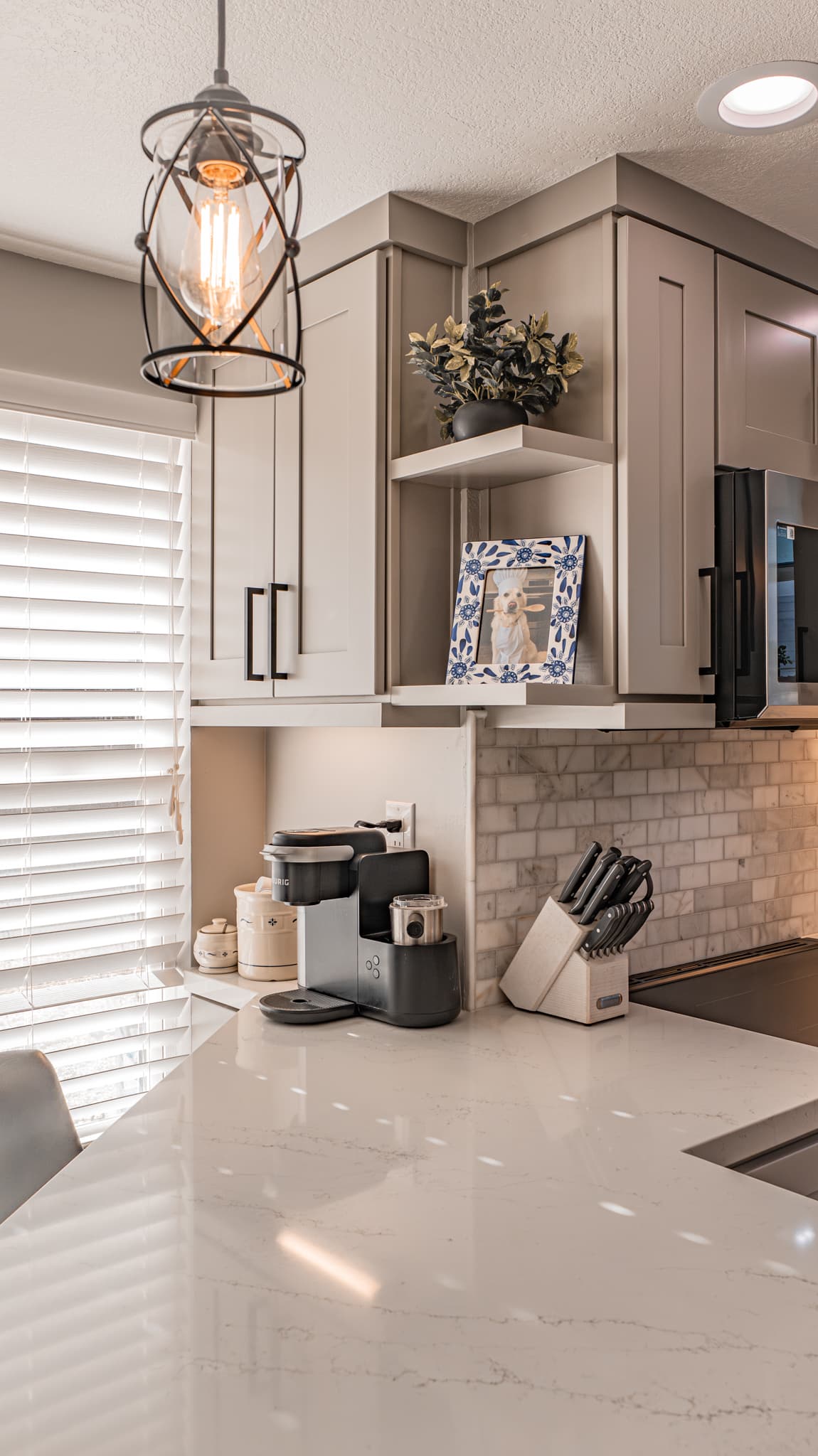 Kitchen Remodel in Citrus Heights — shaker cabinets, quartz countertop, natural-stone backsplash, pendant lighting, recessed lighting