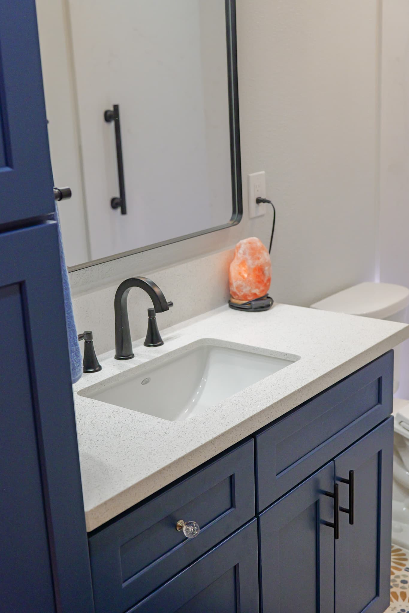 House Renovation in Rocklin — single vanity, shaker cabinets, undermount sink, quartz countertop, framed mirror