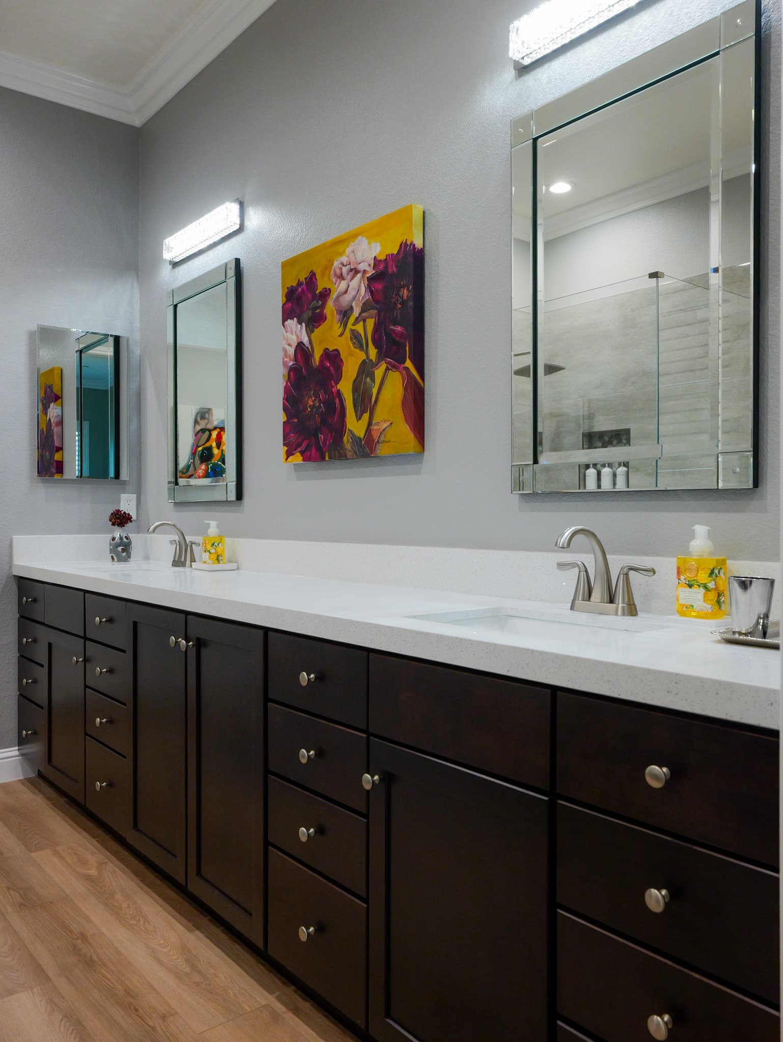 Bathroom Remodel in Roseville — double vanity, shaker cabinets, quartz countertop, undermount sink, framed mirror