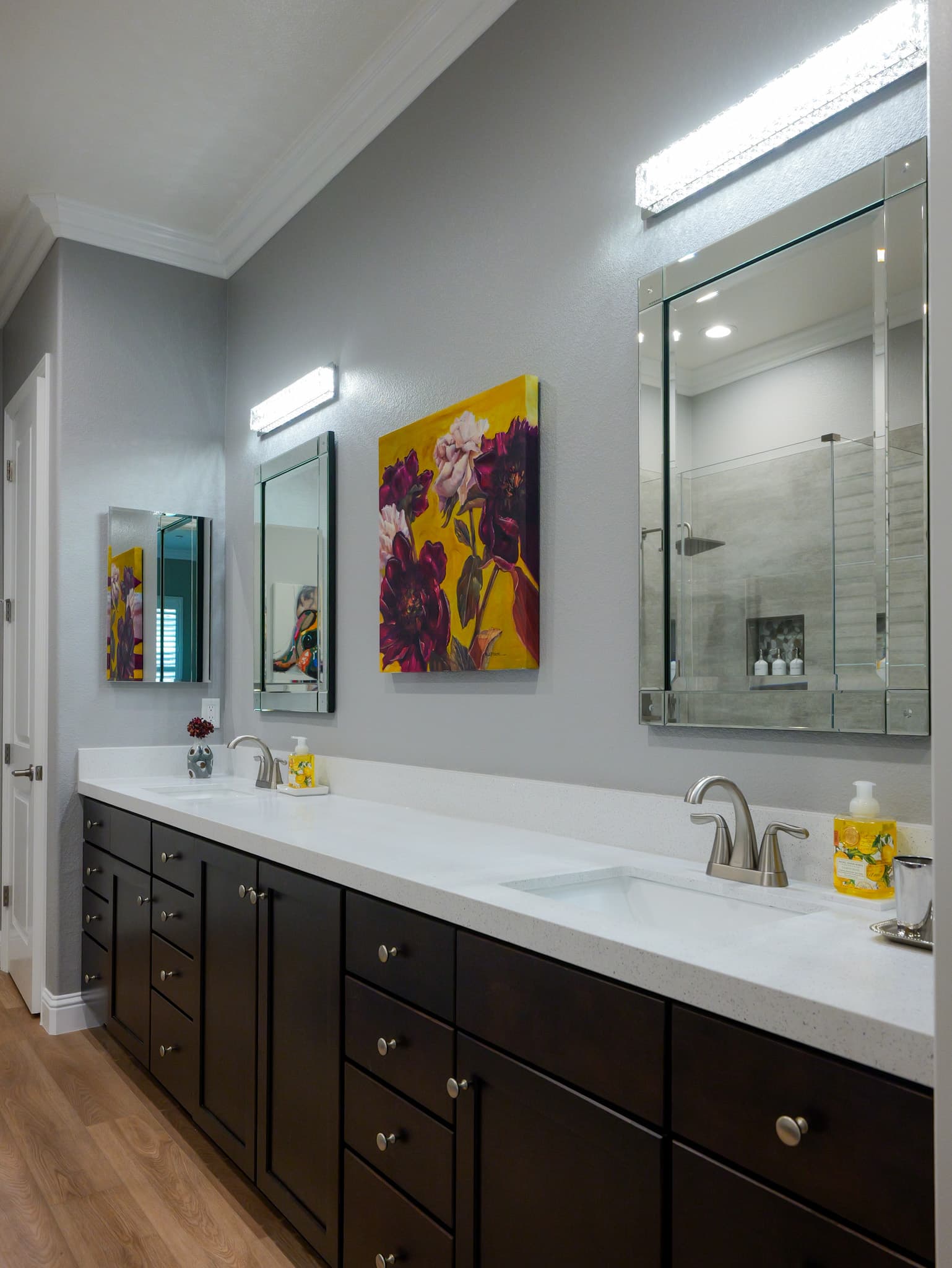 Bathroom Remodel in Roseville — double vanity, shaker cabinets, quartz countertop, undermount sink, frameless glass shower
