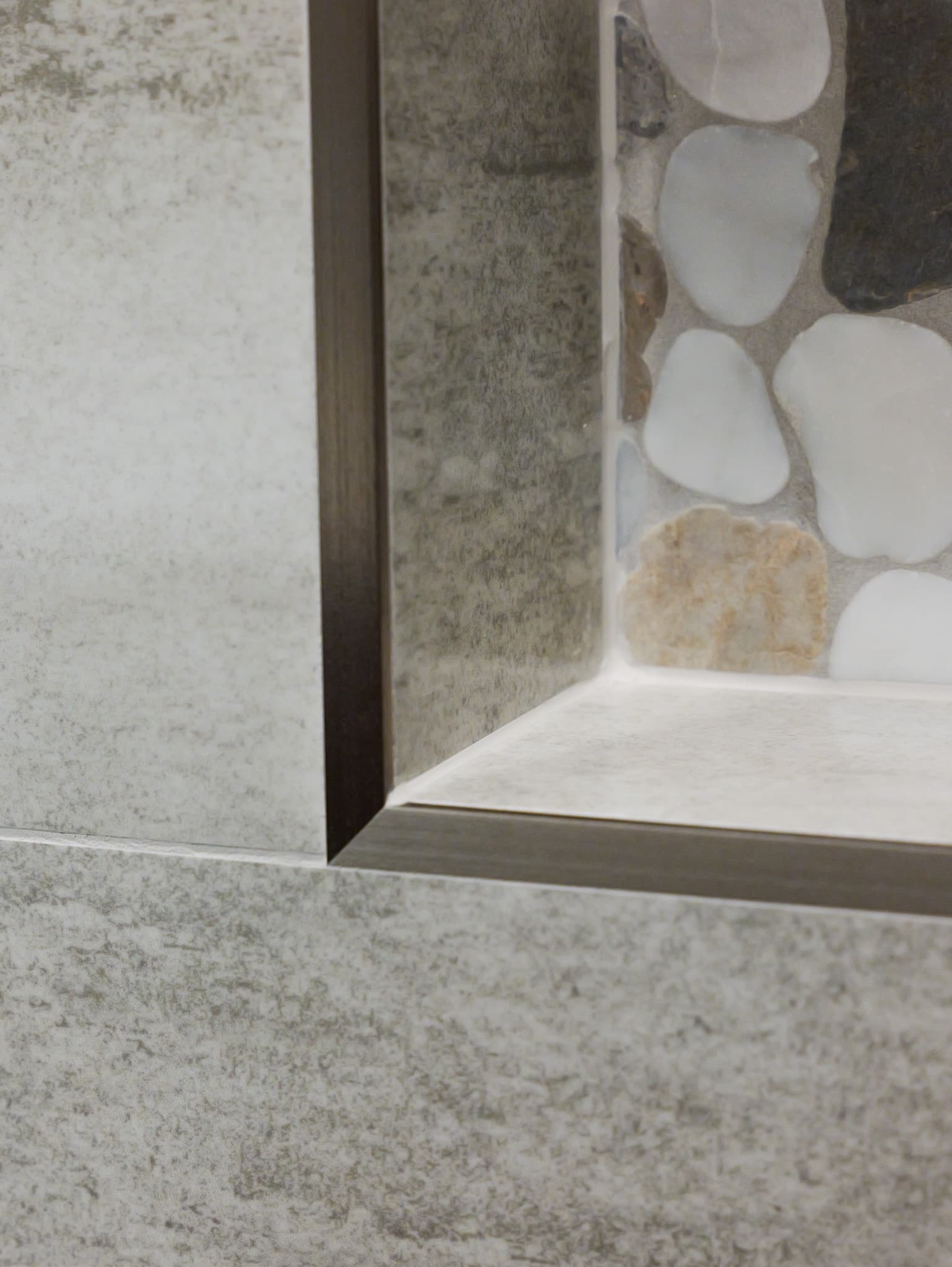 Bathroom Remodel in Roseville — walk-in shower, frameless glass shower, tiled shower surround, natural-stone backsplash, mosaic backsplash