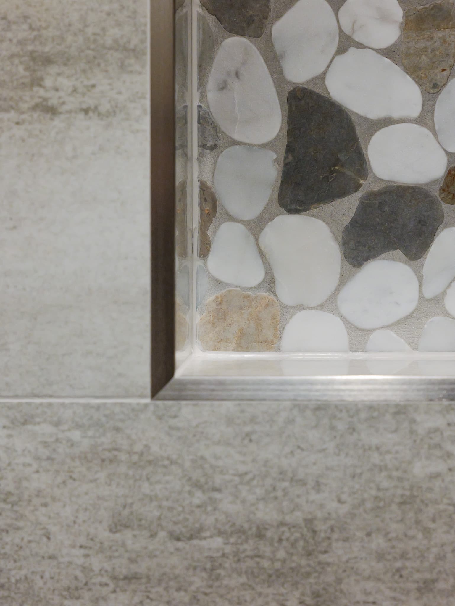 Bathroom Remodel in Roseville — walk-in shower, frameless glass shower, natural-stone tile flooring, mosaic backsplash, natural-stone backsplash