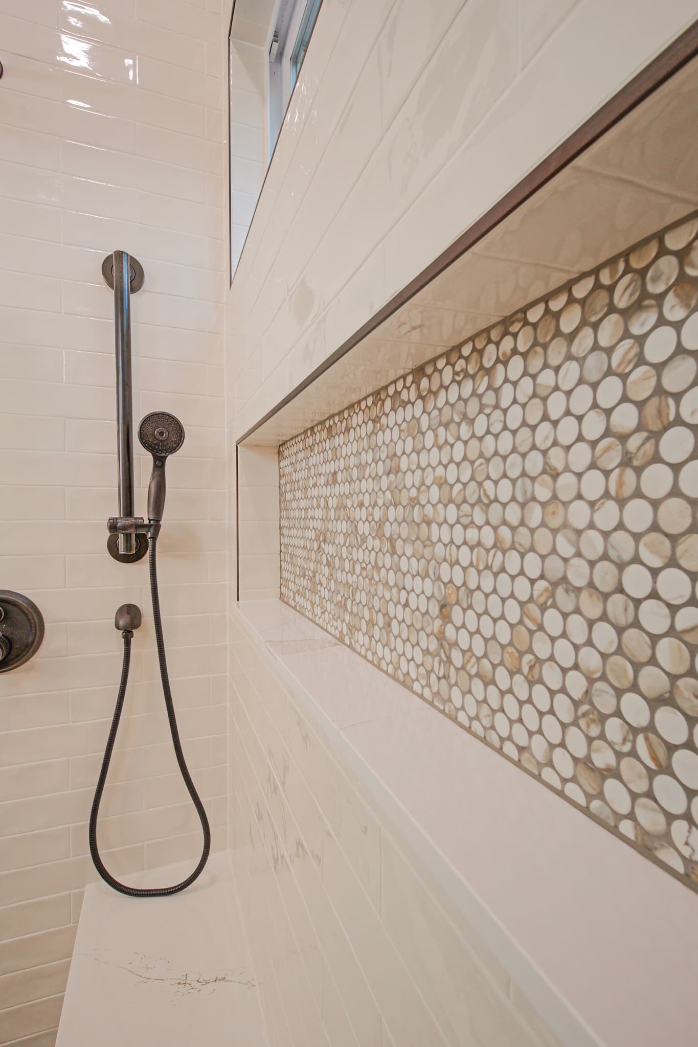 Bathroom Remodel in Sacramento — walk-in shower, tiled shower surround, subway tile backsplash, mosaic backsplash, handheld shower