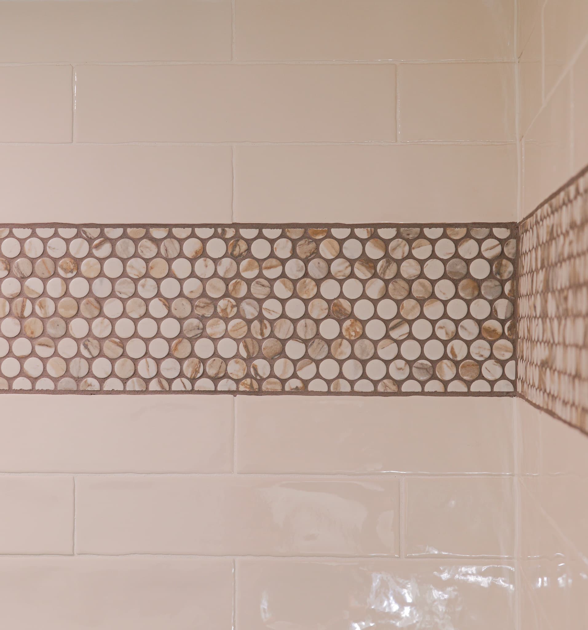 Bathroom Remodel in Sacramento — tiled shower surround, subway tile backsplash, mosaic backsplash, natural-stone backsplash, walk-in shower
