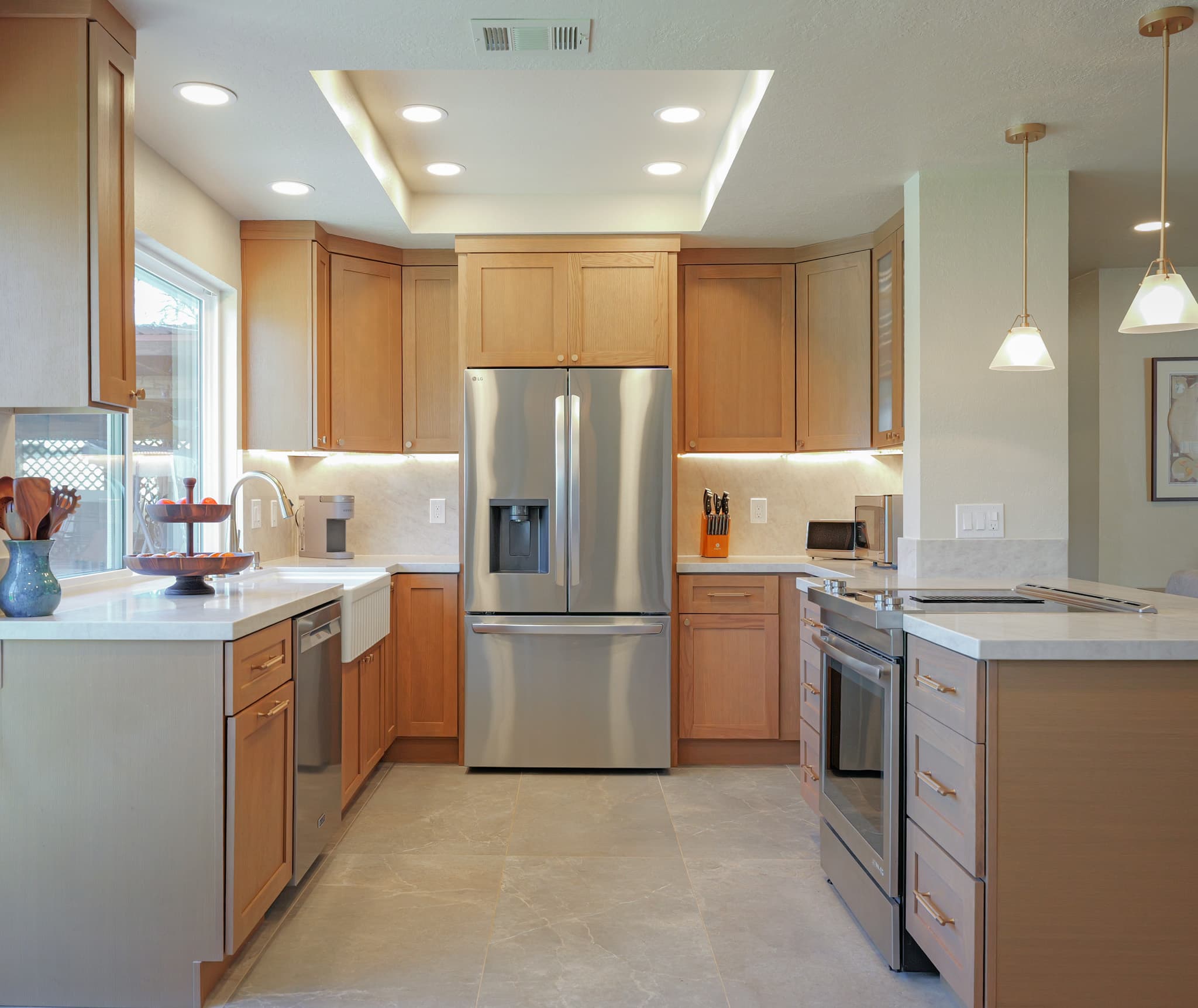 House Renovation in Sacramento — shaker cabinets, quartz countertop, recessed lighting, under-cabinet lighting, stainless appliances