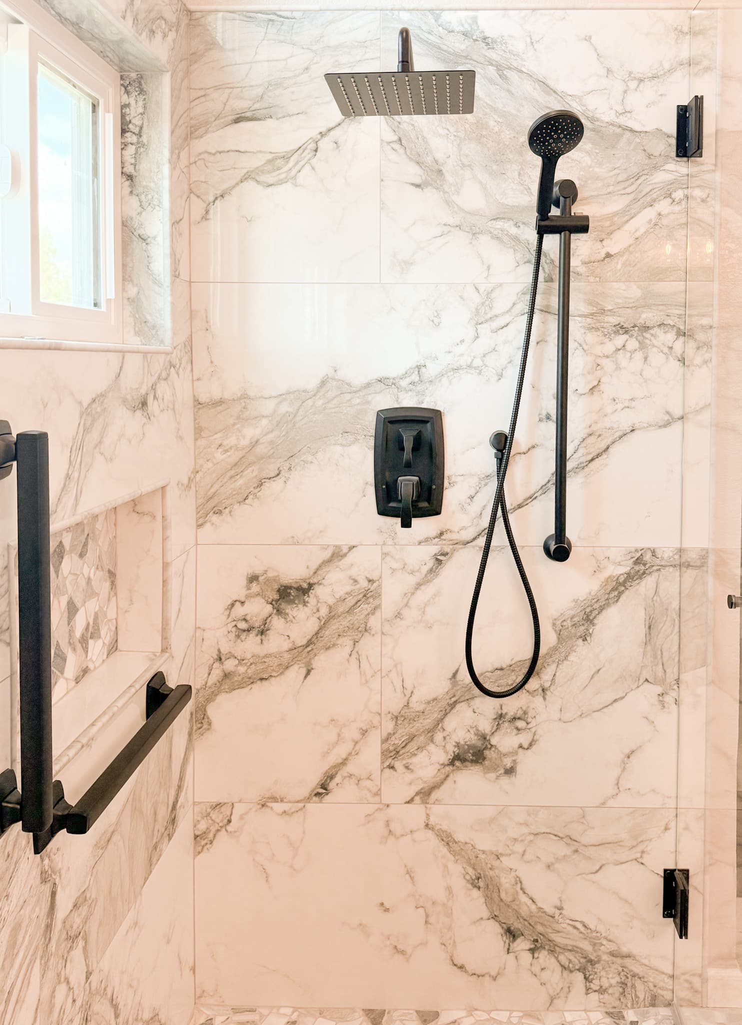 Bathroom Remodel in El Dorado Hills — walk-in shower, frameless glass shower, tiled shower surround, rain shower head, handheld shower