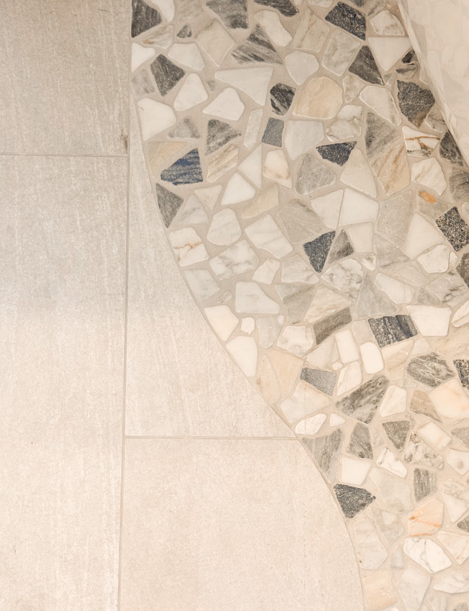 Bathroom Remodel in El Dorado Hills — mosaic backsplash, natural-stone tile flooring, porcelain tile flooring, tiled shower surround