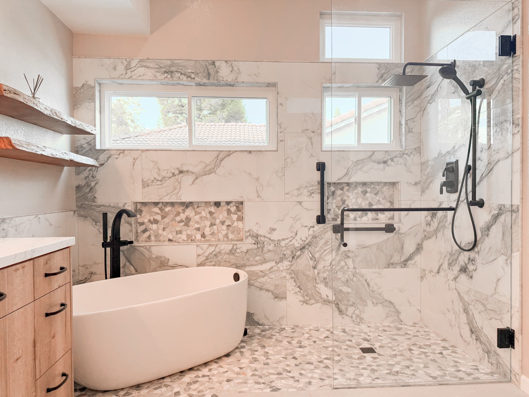 Bathroom Remodel in El Dorado Hills — freestanding tub, frameless glass shower, tiled shower surround, rain shower head, handheld shower