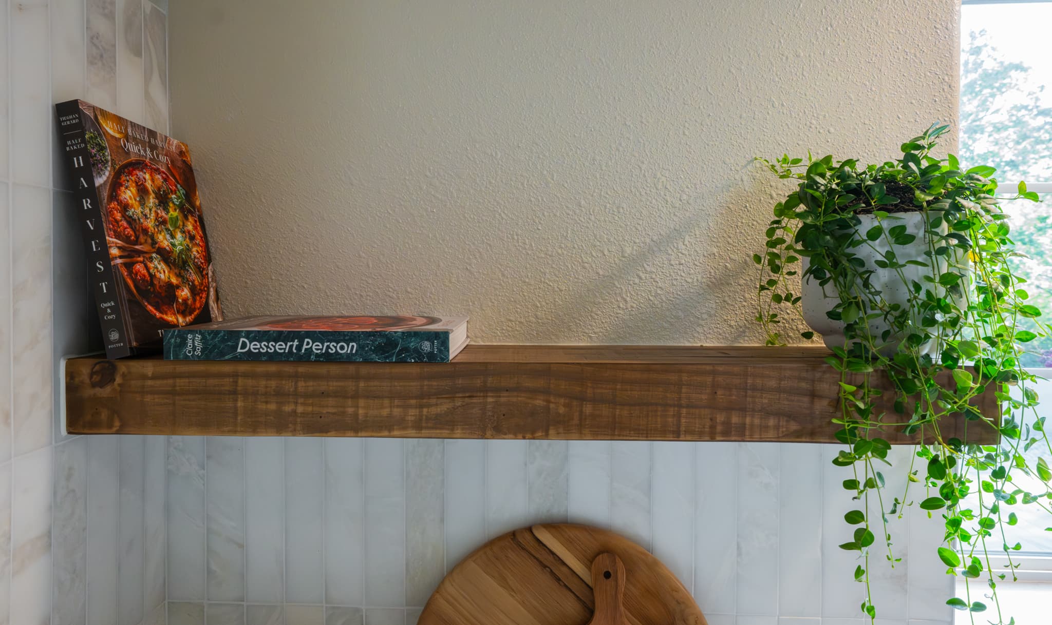 Kitchen Remodel in Rocklin — built-in shelving, butcher-block countertop, subway tile backsplash, natural-stone backsplash