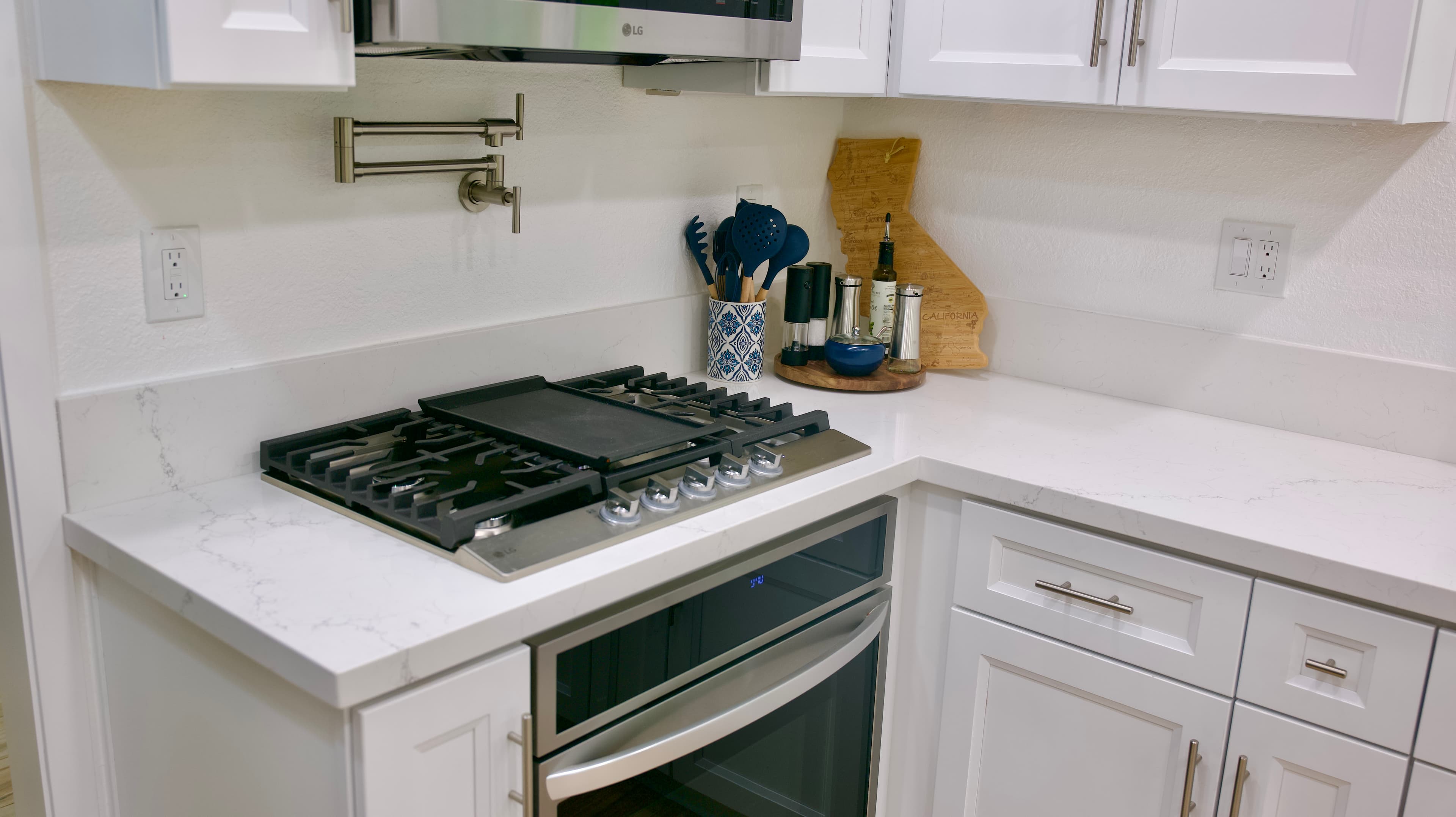 Kitchen Remodel in Sacramento — shaker cabinets, quartz countertop, professional gas range, stainless appliances, double oven