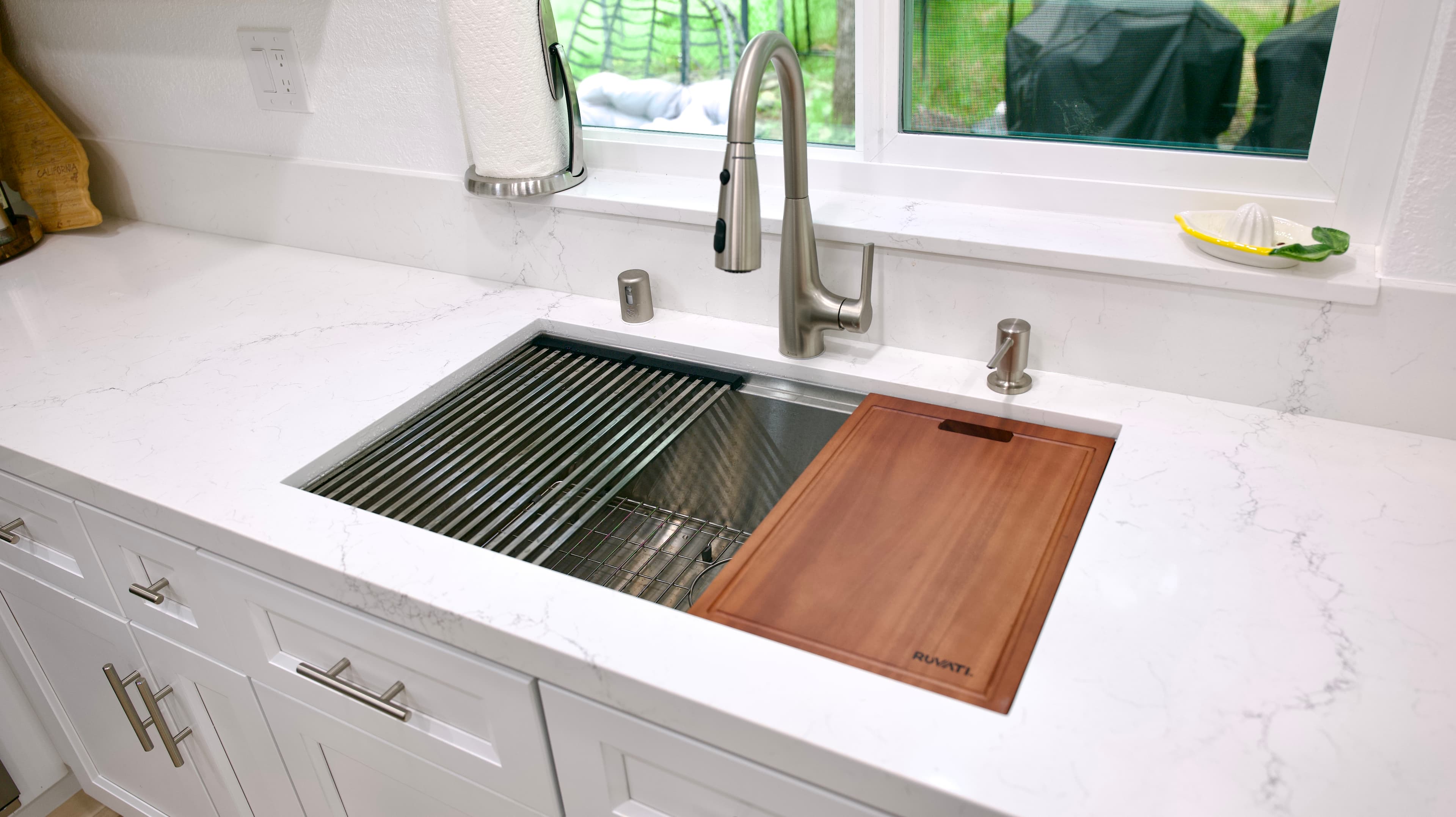 Kitchen Remodel in Sacramento — undermount sink, quartz countertop, shaker cabinets, stainless appliances, butcher-block countertop
