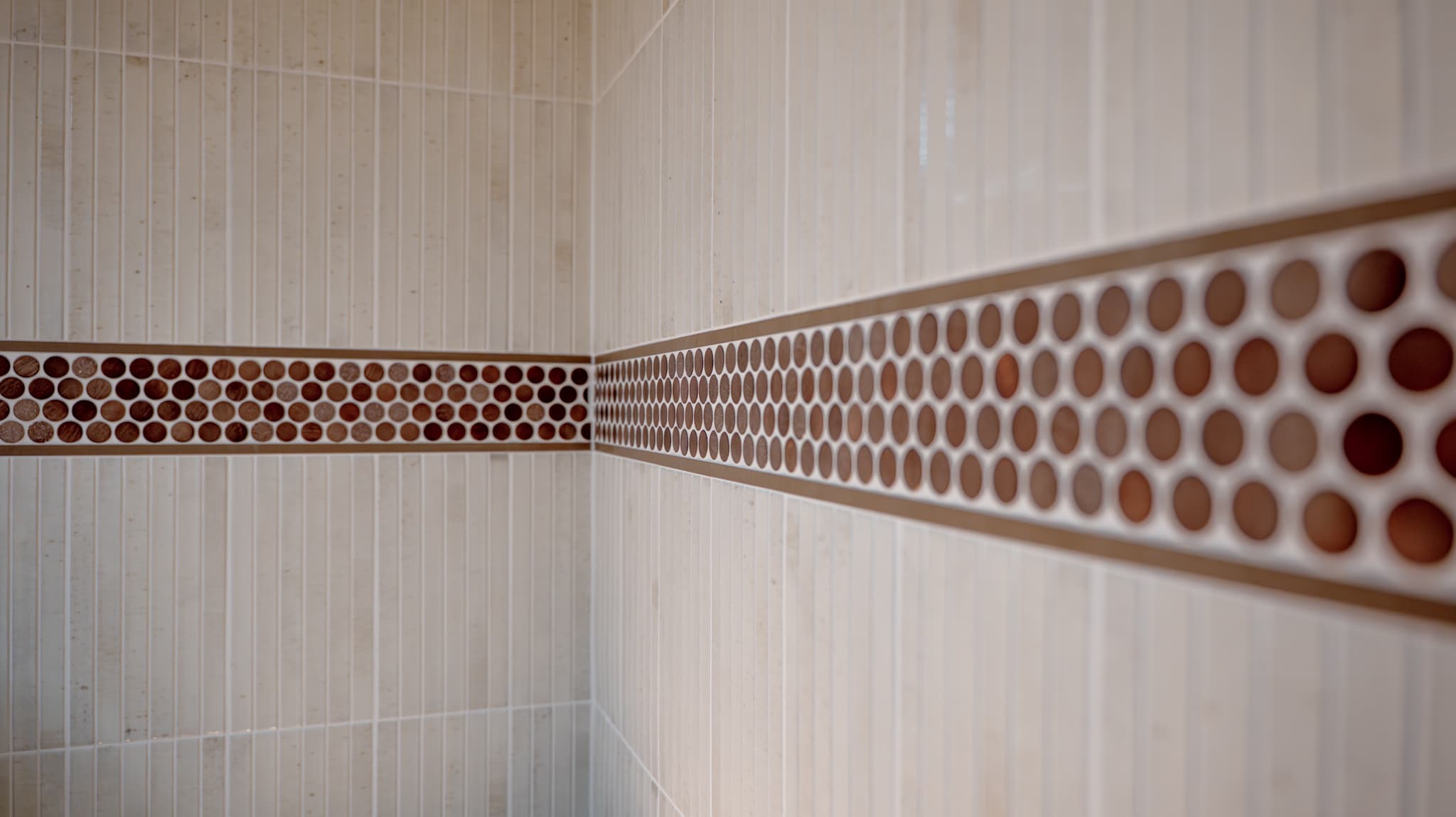 Bathroom Remodel in Folsom — tiled shower surround, mosaic backsplash, walk-in shower, ceramic tile flooring