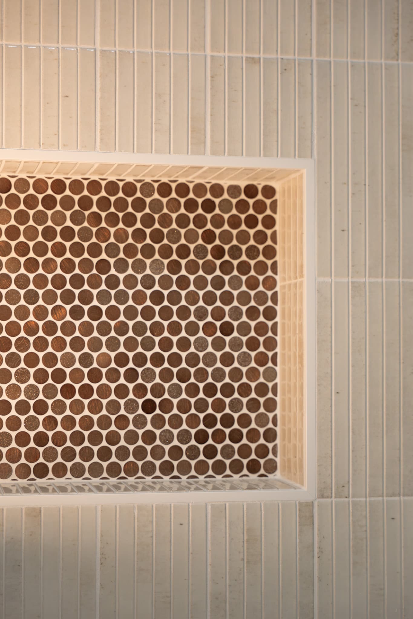 Bathroom Remodel in Folsom — tiled shower surround, mosaic backsplash, walk-in shower, built-in shelving, ceramic tile flooring