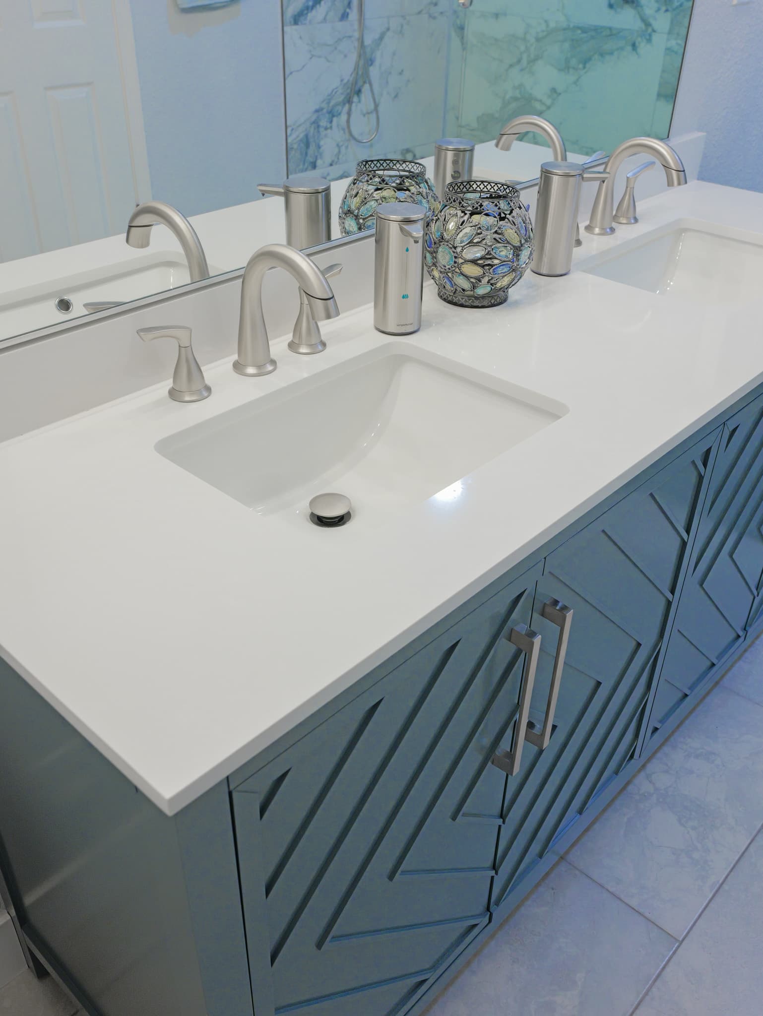 Bathroom Remodel in Sacramento — double vanity, undermount sink, quartz countertop, custom cabinetry, porcelain tile flooring