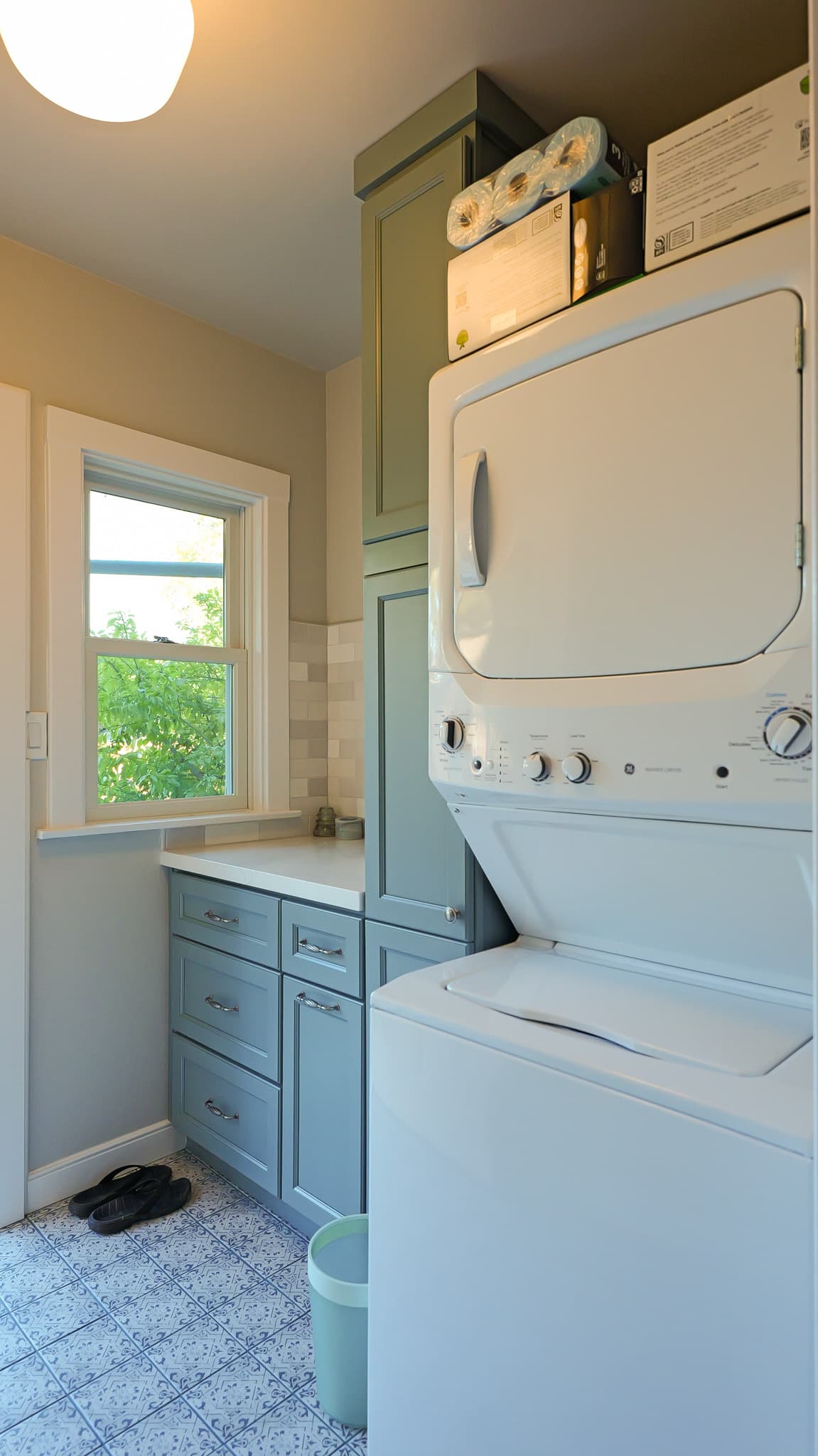 Kitchen Remodel in Sacramento — shaker cabinets, two-tone cabinetry, subway tile backsplash, ceramic tile flooring, linen tower
