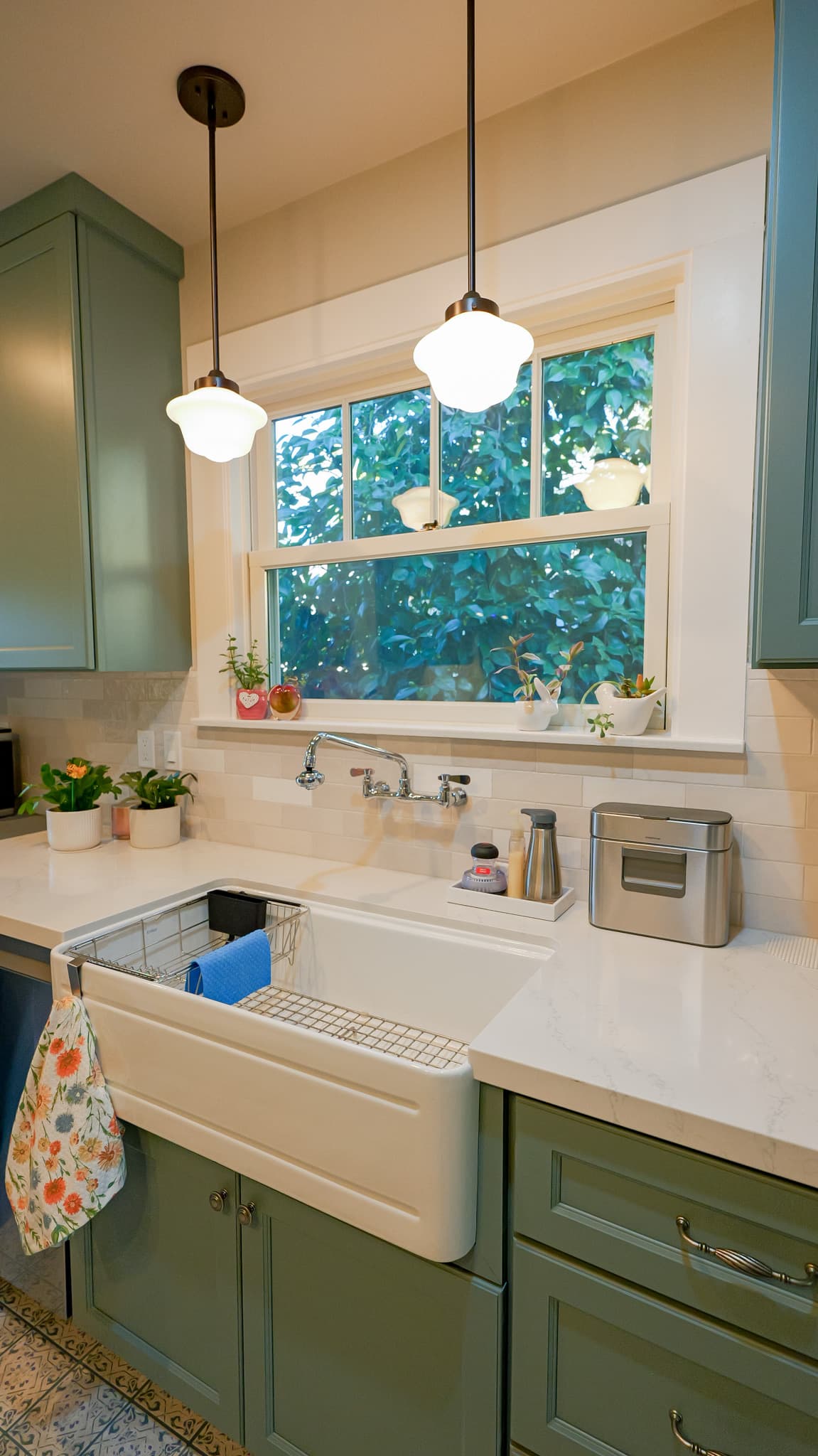 Kitchen Remodel in Sacramento — farmhouse sink, pendant lighting, subway tile backsplash, quartz countertop, shaker cabinets