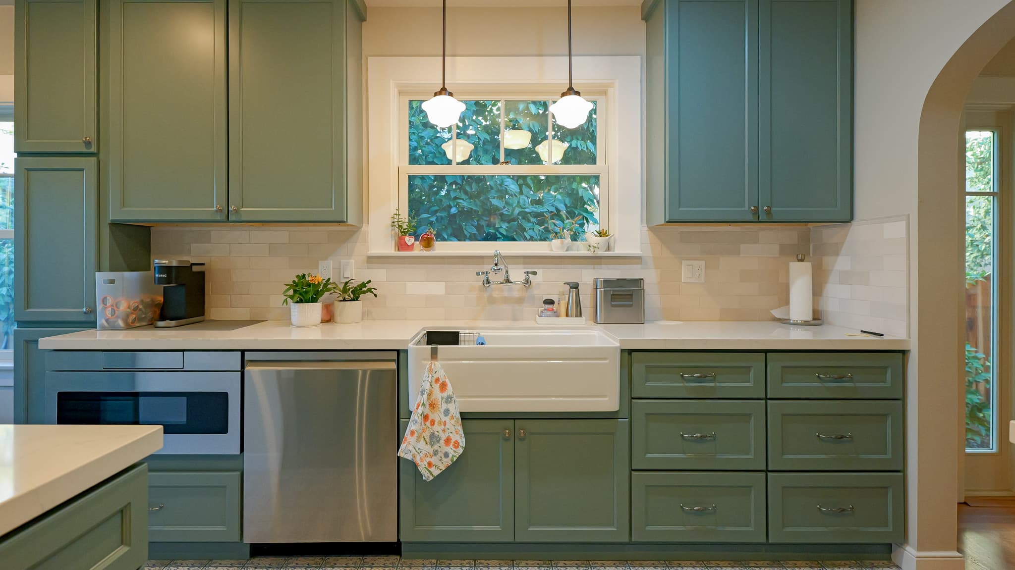 Kitchen Remodel in Sacramento — shaker cabinets, farmhouse sink, subway tile backsplash, pendant lighting, quartz countertop
