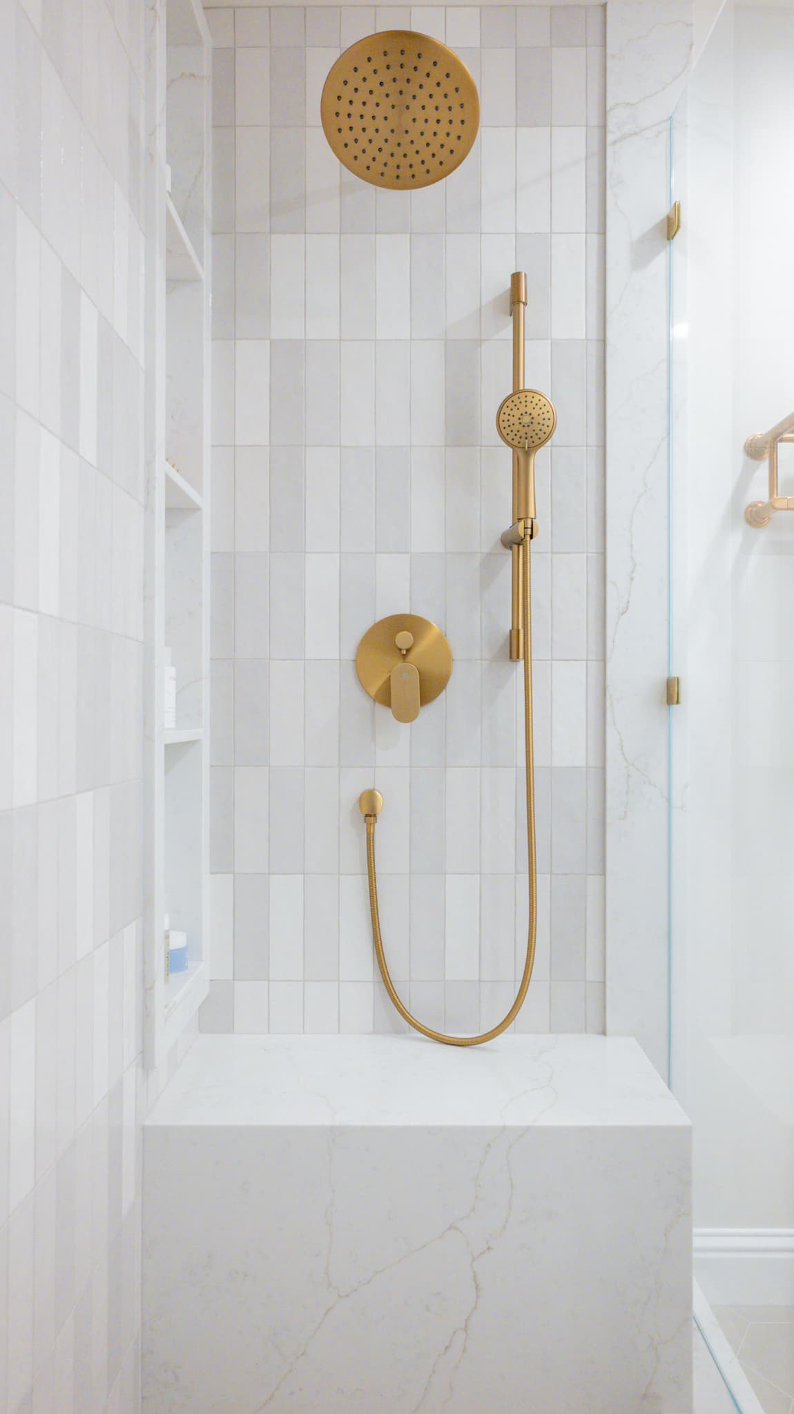Kitchen Remodel in Sacramento — walk-in shower, rain shower head, handheld shower, shower bench, tiled shower surround