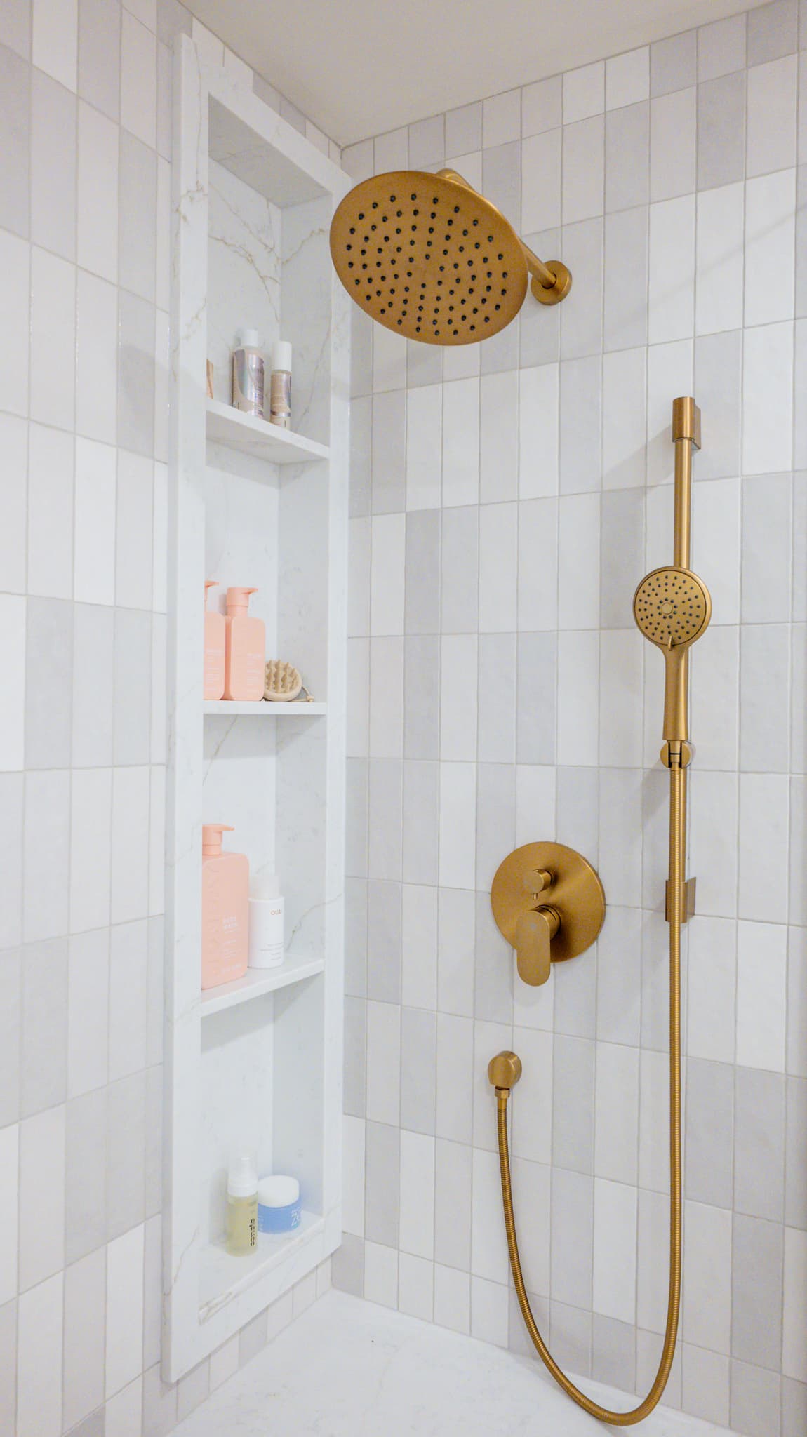 Kitchen Remodel in Sacramento — tiled shower surround, rain shower head, handheld shower, walk-in shower, built-in shelving