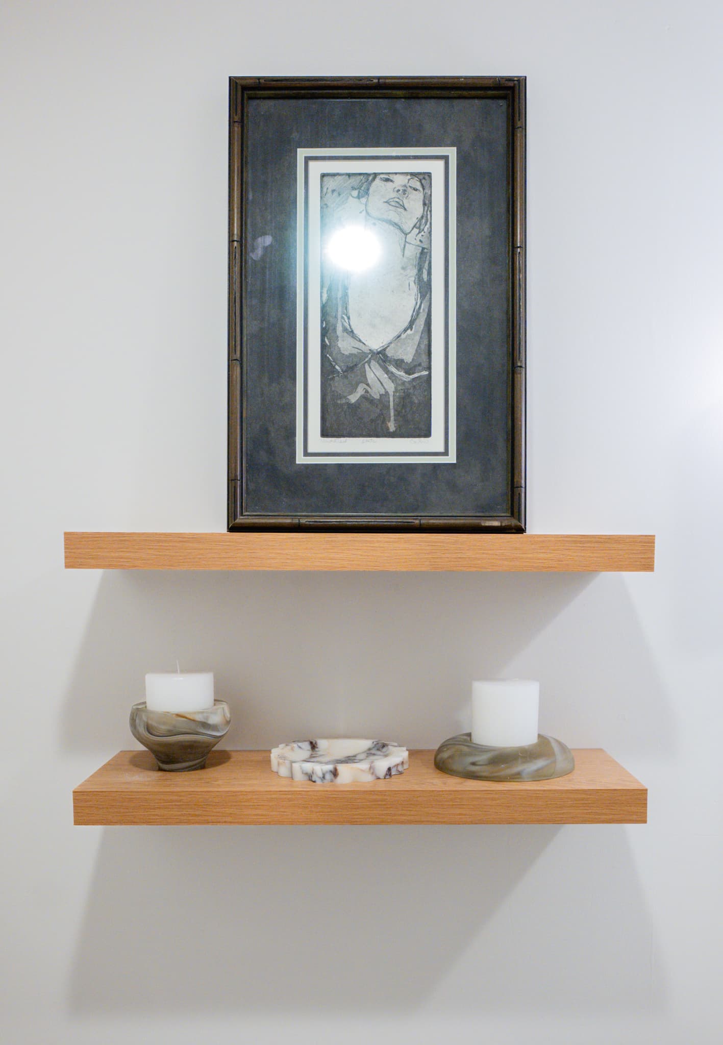 Kitchen Remodel in Sacramento — built-in shelving, hardwood flooring, framed mirror, recessed lighting