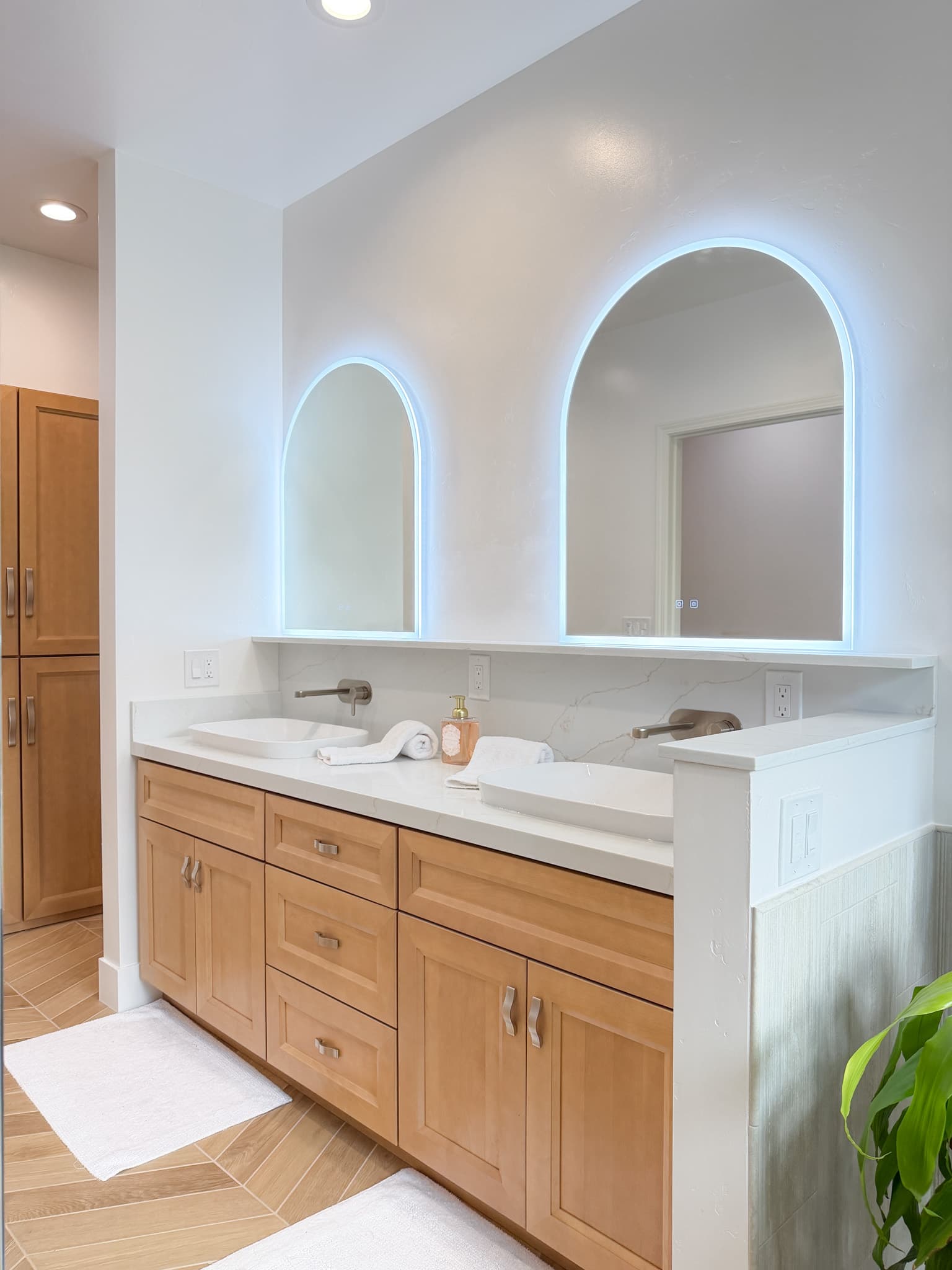 Bathroom Remodel in Carmichael — double vanity, lighted mirror, quartz countertop, shaker cabinets, recessed lighting
