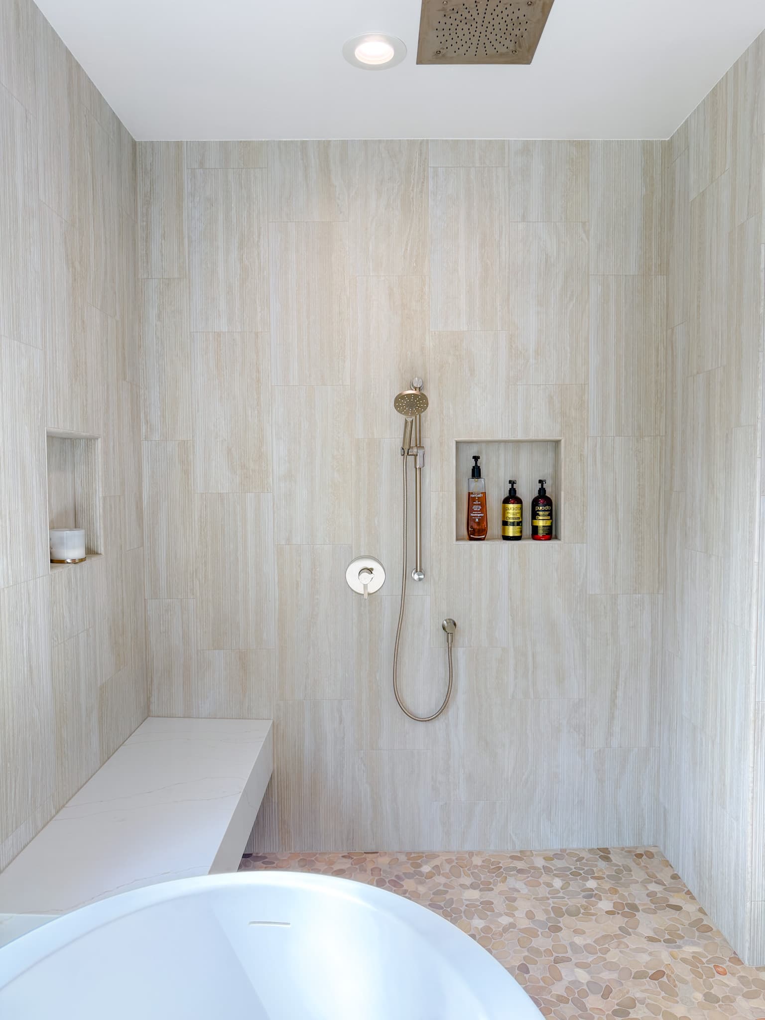 Bathroom Remodel in Carmichael — walk-in shower, rain shower head, handheld shower, shower bench, freestanding tub