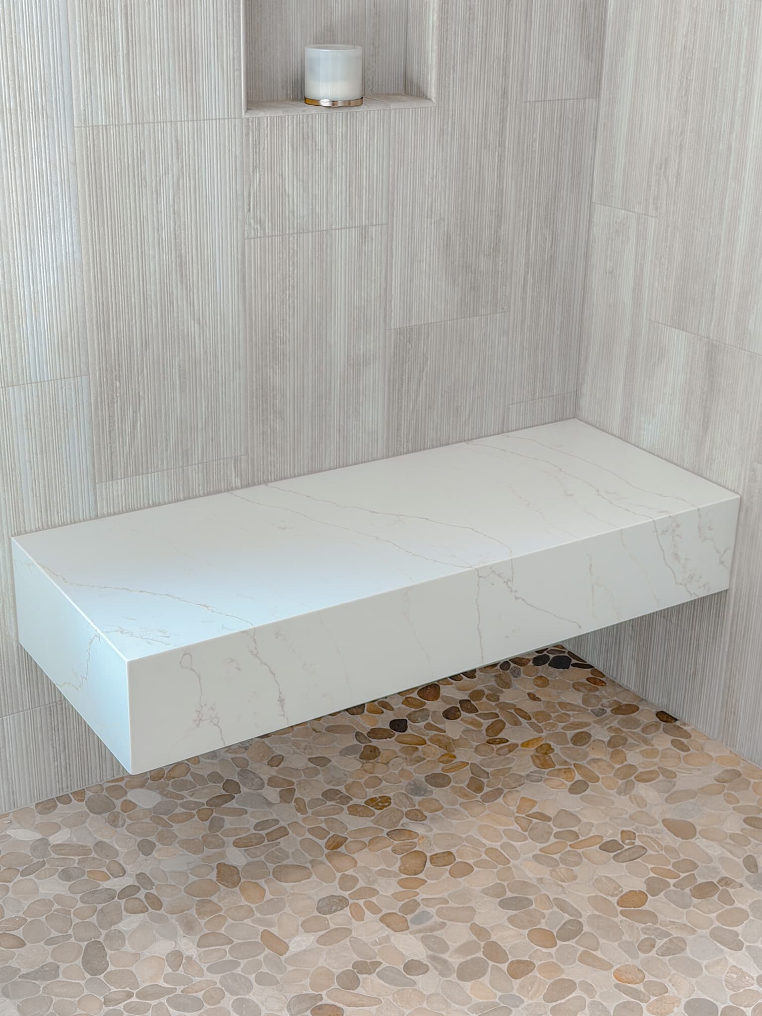 Bathroom Remodel in Carmichael — shower bench, tiled shower surround, walk-in shower, natural-stone tile flooring, built-in shelving