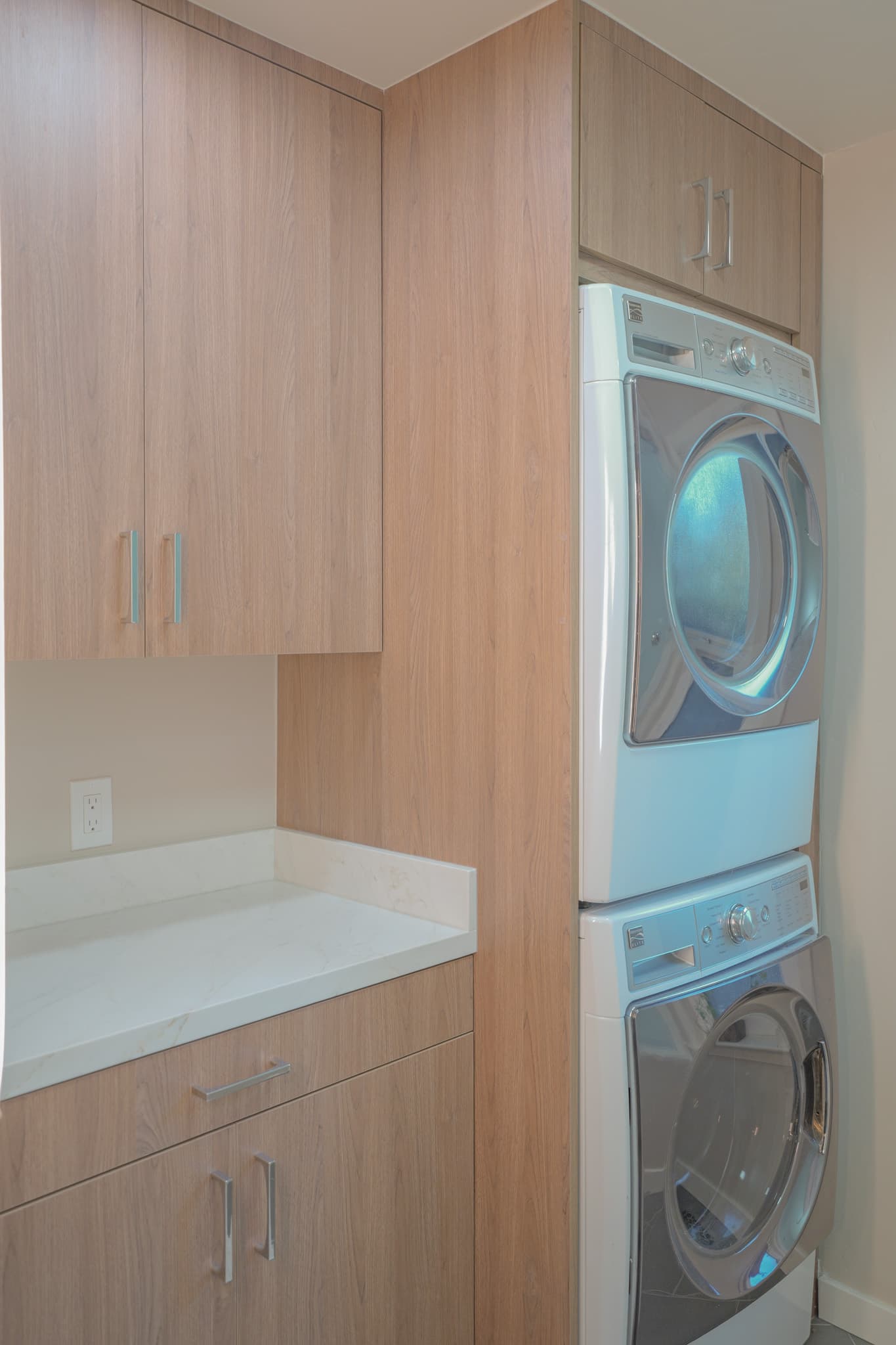 House Renovation in Sacramento — custom cabinetry, quartz countertop, linen tower, built-in shelving, porcelain tile flooring