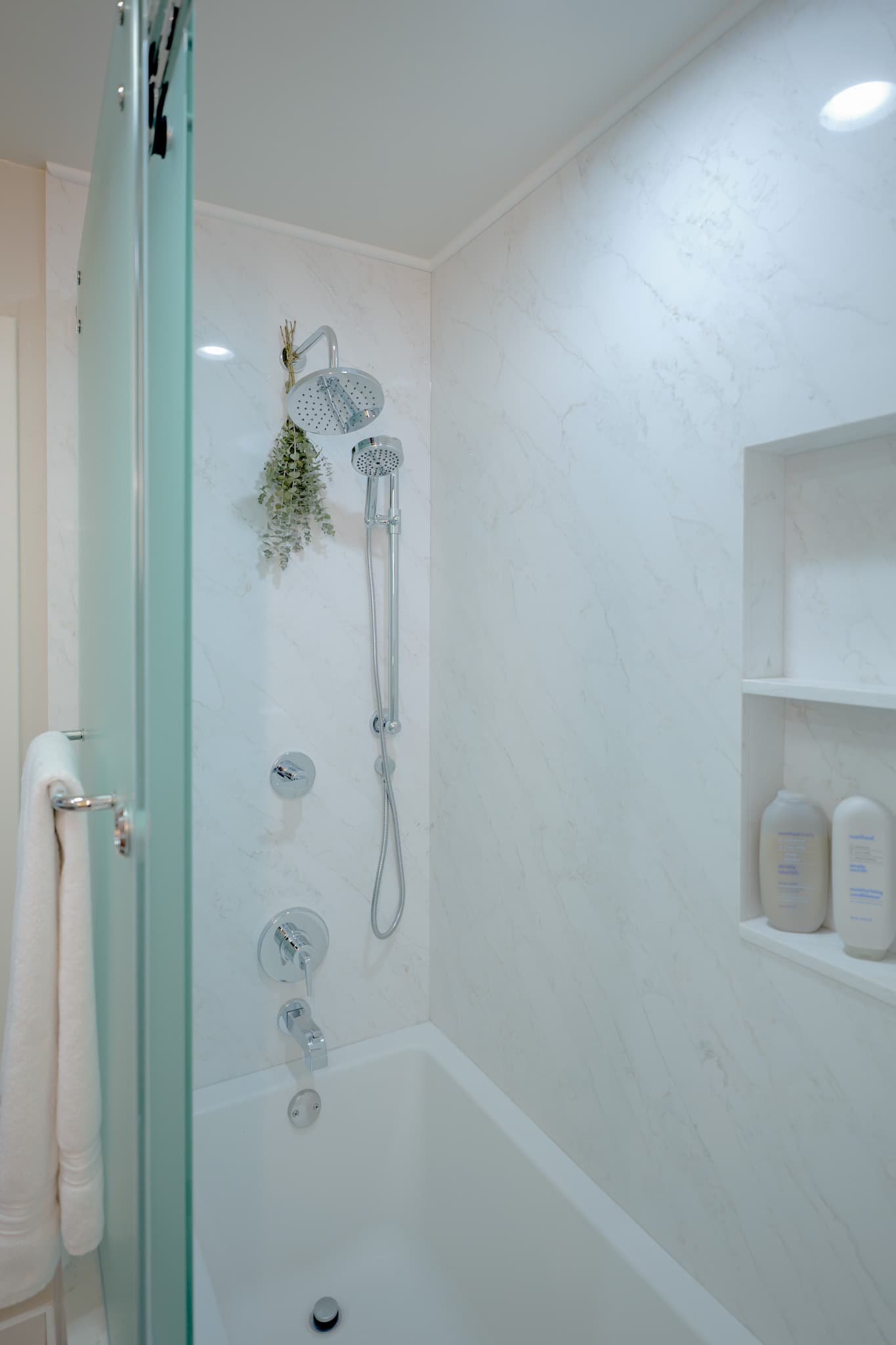 House Renovation in Sacramento — walk-in shower, frameless glass shower, rain shower head, handheld shower, recessed lighting