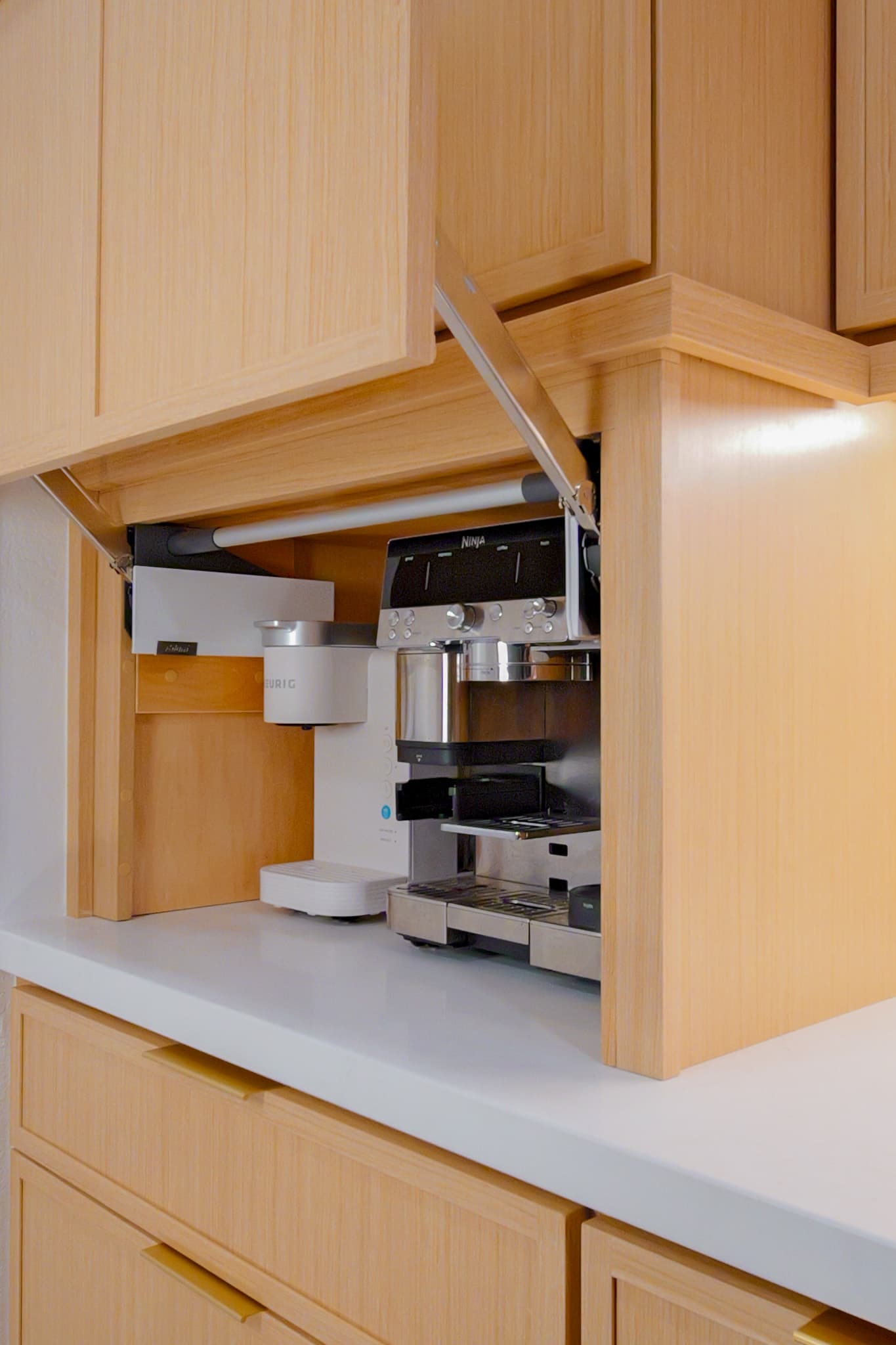 Kitchen Remodel in Antelope — custom cabinetry, shaker cabinets, quartz countertop, built-in shelving, under-cabinet lighting