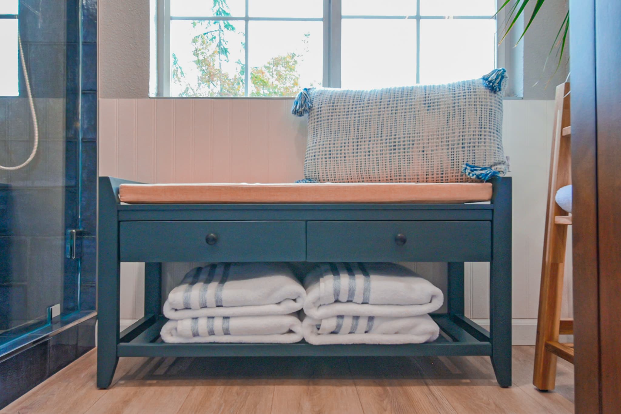 Bathroom Remodel in Sacramento — walk-in shower, tiled shower surround, luxury vinyl plank, wainscoting, shower bench