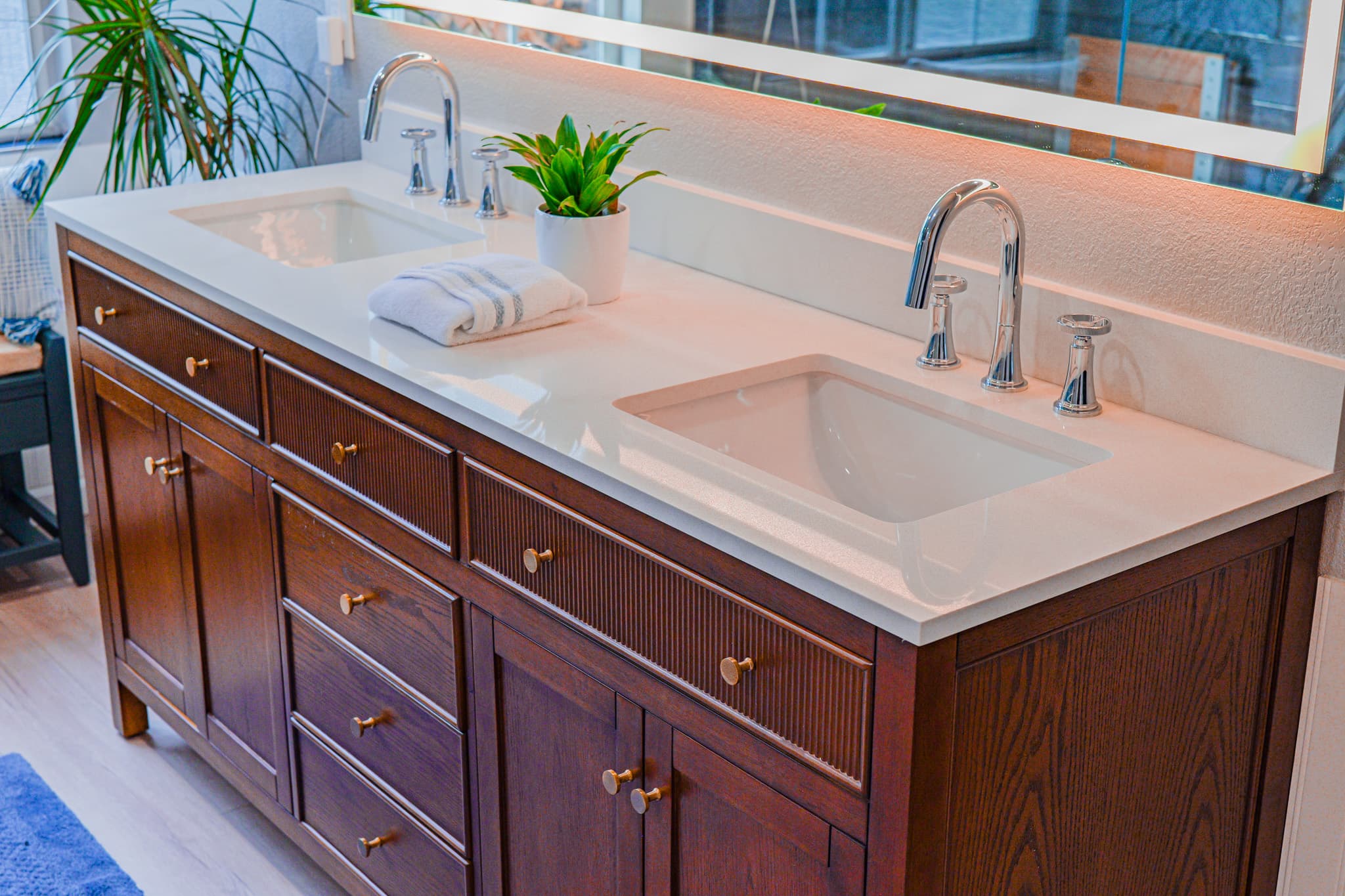 Bathroom Remodel in Sacramento — double vanity, undermount sink, quartz countertop, custom cabinetry, lighted mirror