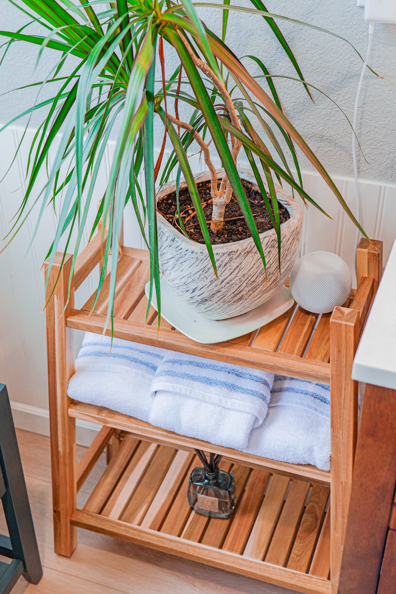 Bathroom Remodel in Sacramento — linen tower, hardwood flooring, wainscoting, built-in shelving