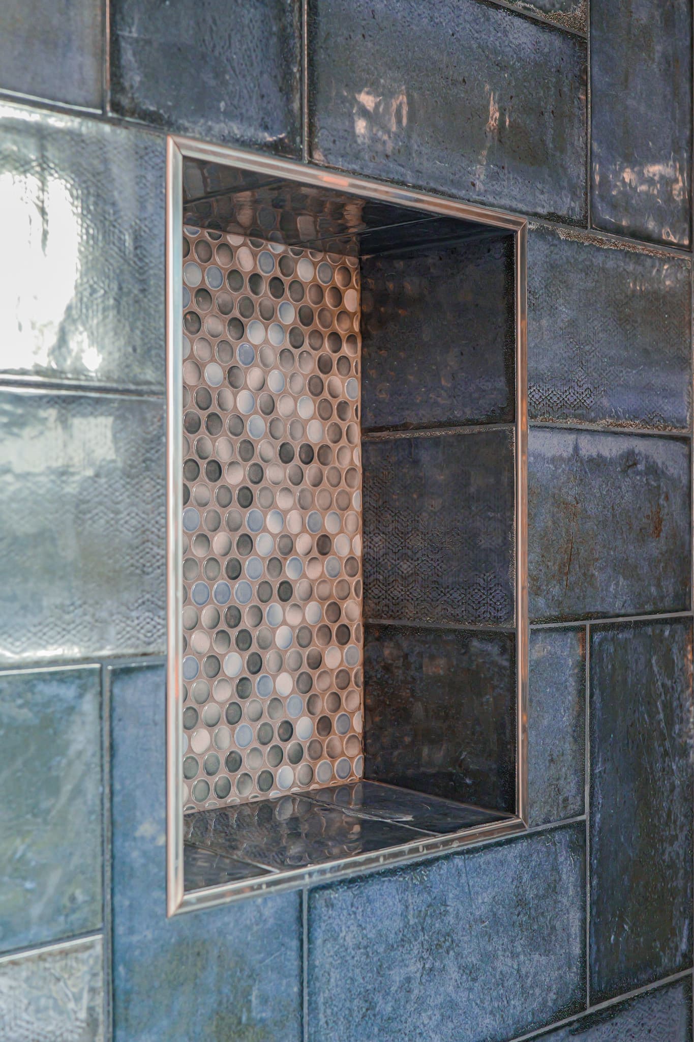 Bathroom Remodel in Sacramento — tiled shower surround, mosaic backsplash, walk-in shower, shower bench, built-in shelving